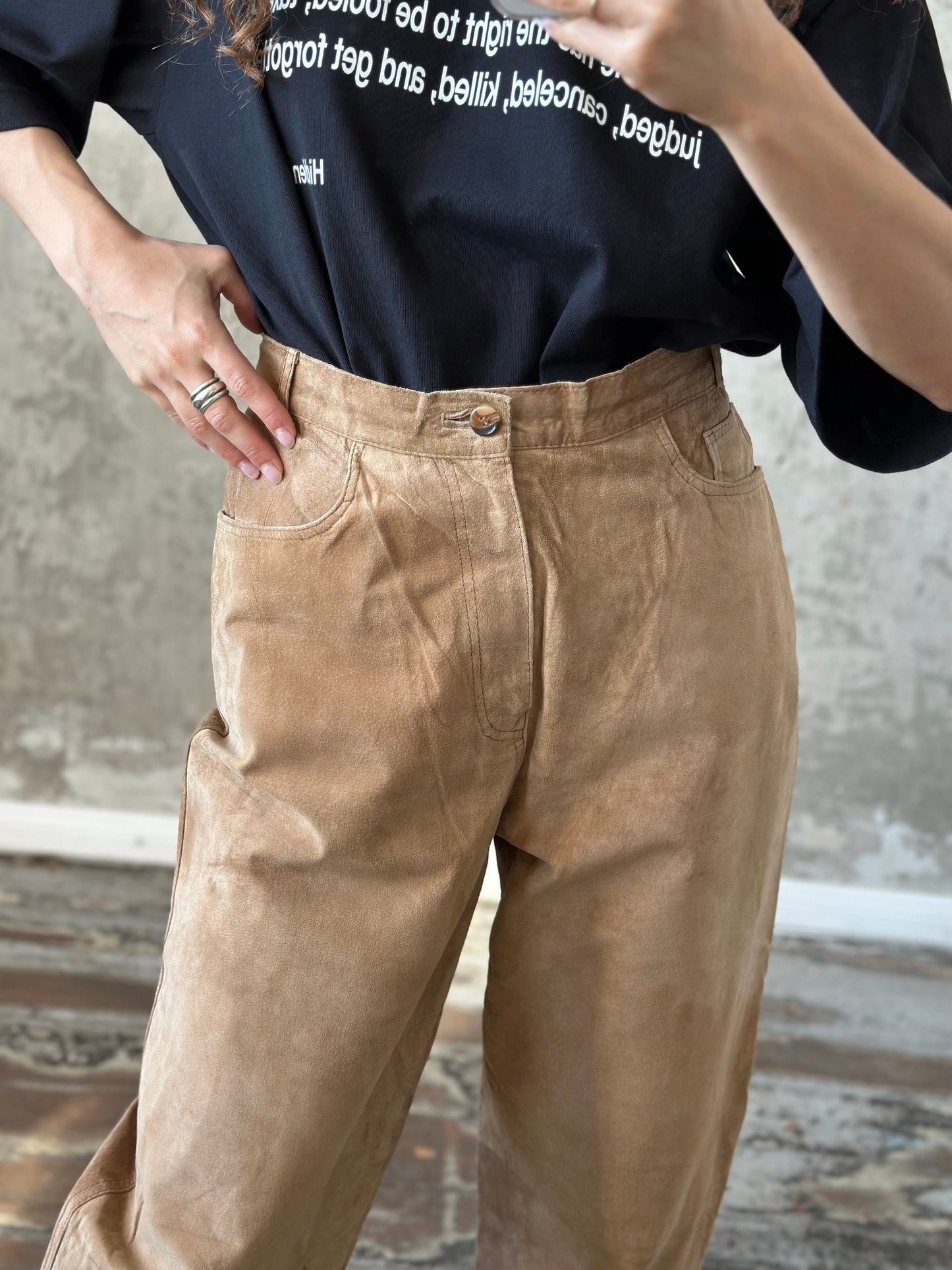 Vintage genuine leather trousers in beige, baggy leather pants