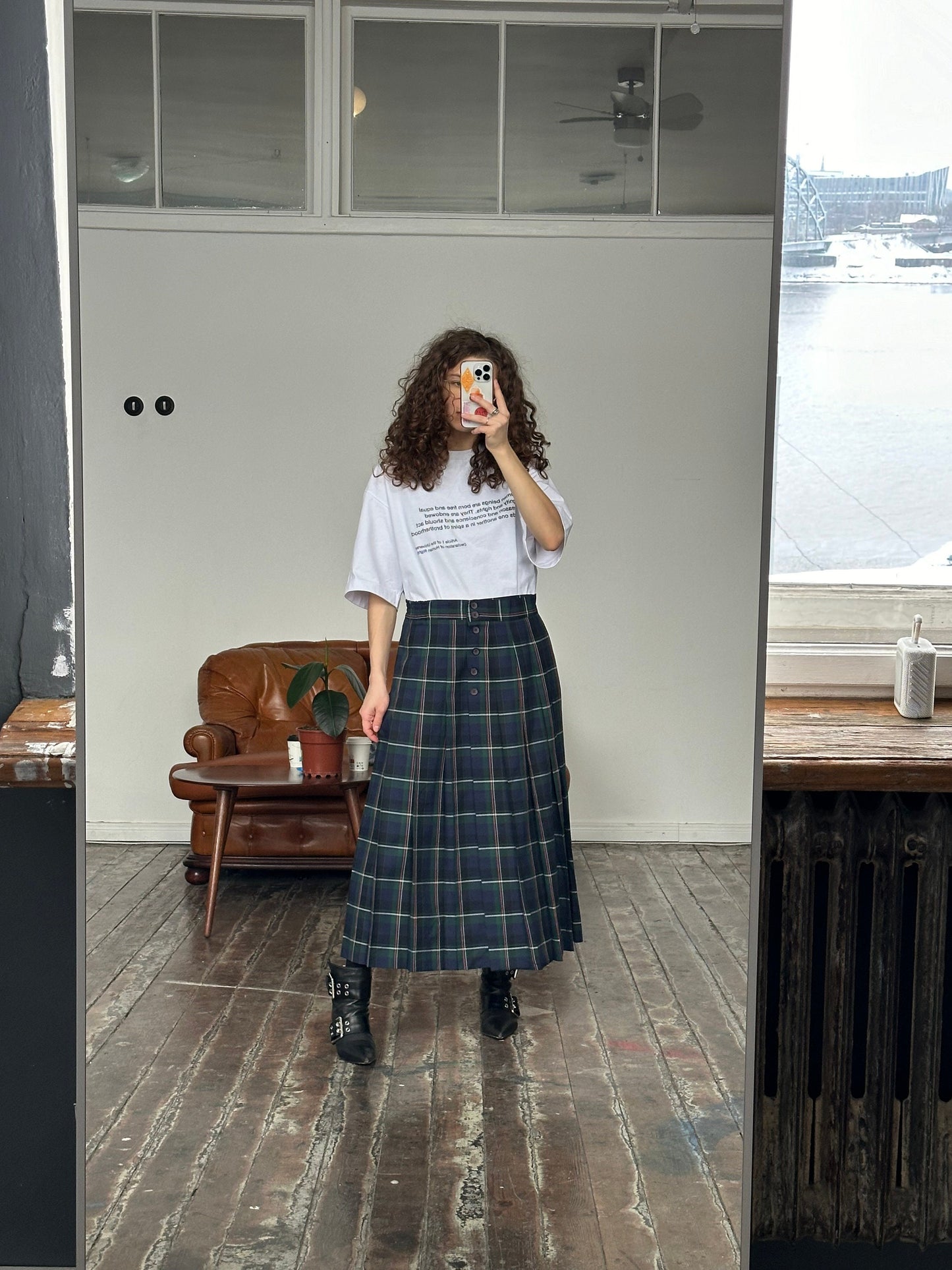 Vintage check maxi skirt in green and blue