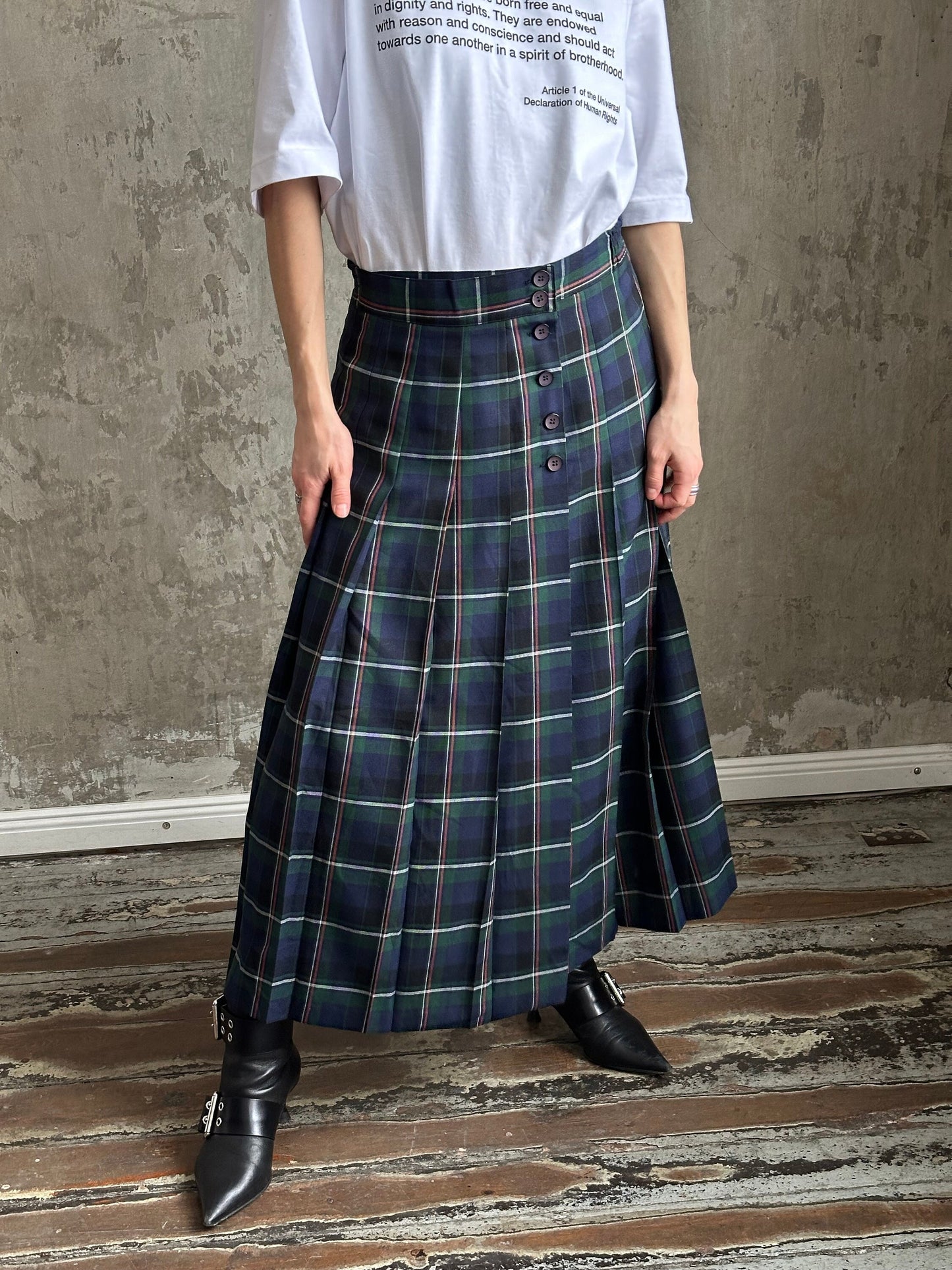 Vintage check maxi skirt in green and blue