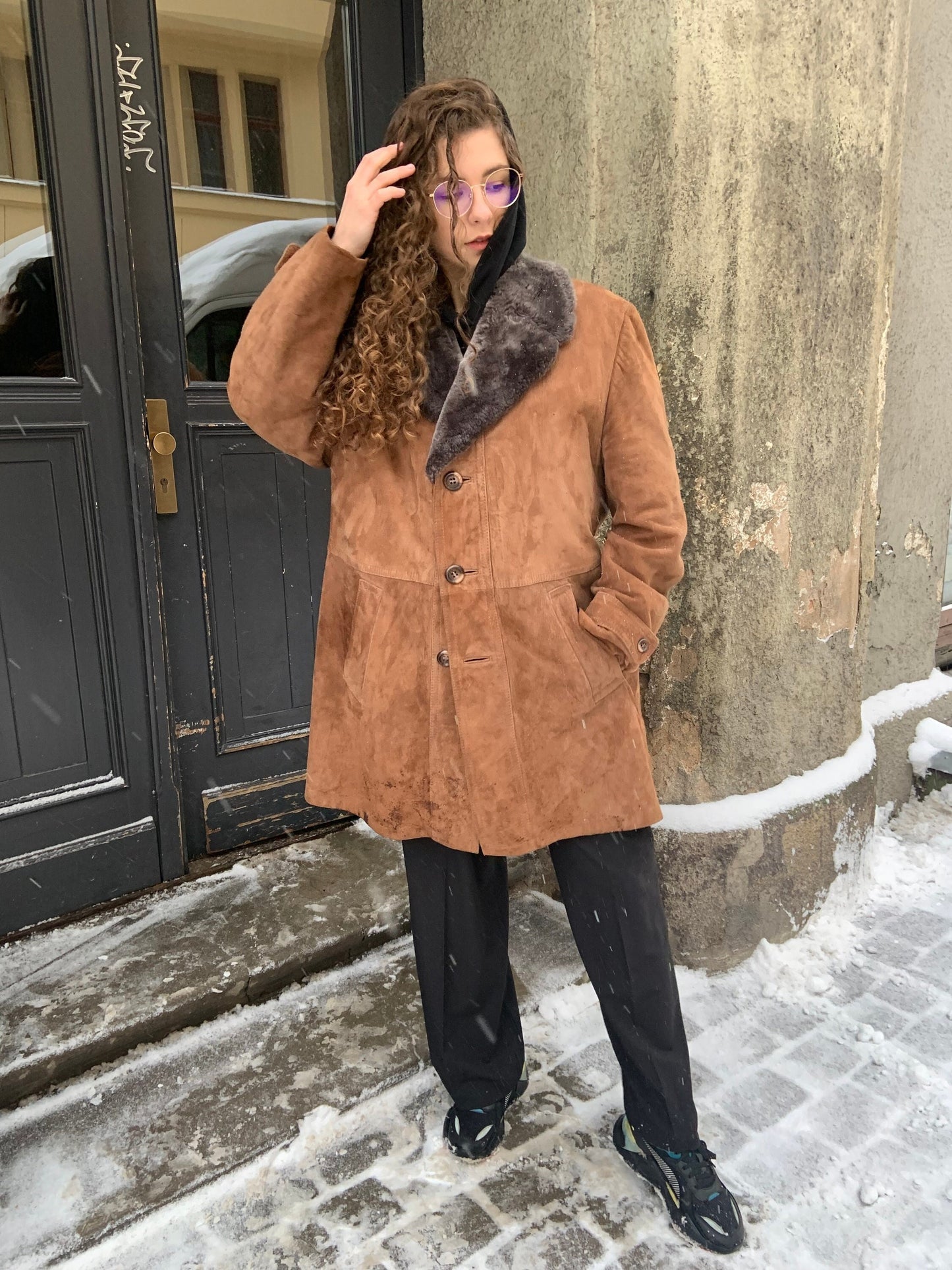 Vintage long sheepskin coat, winter brown leather jacket