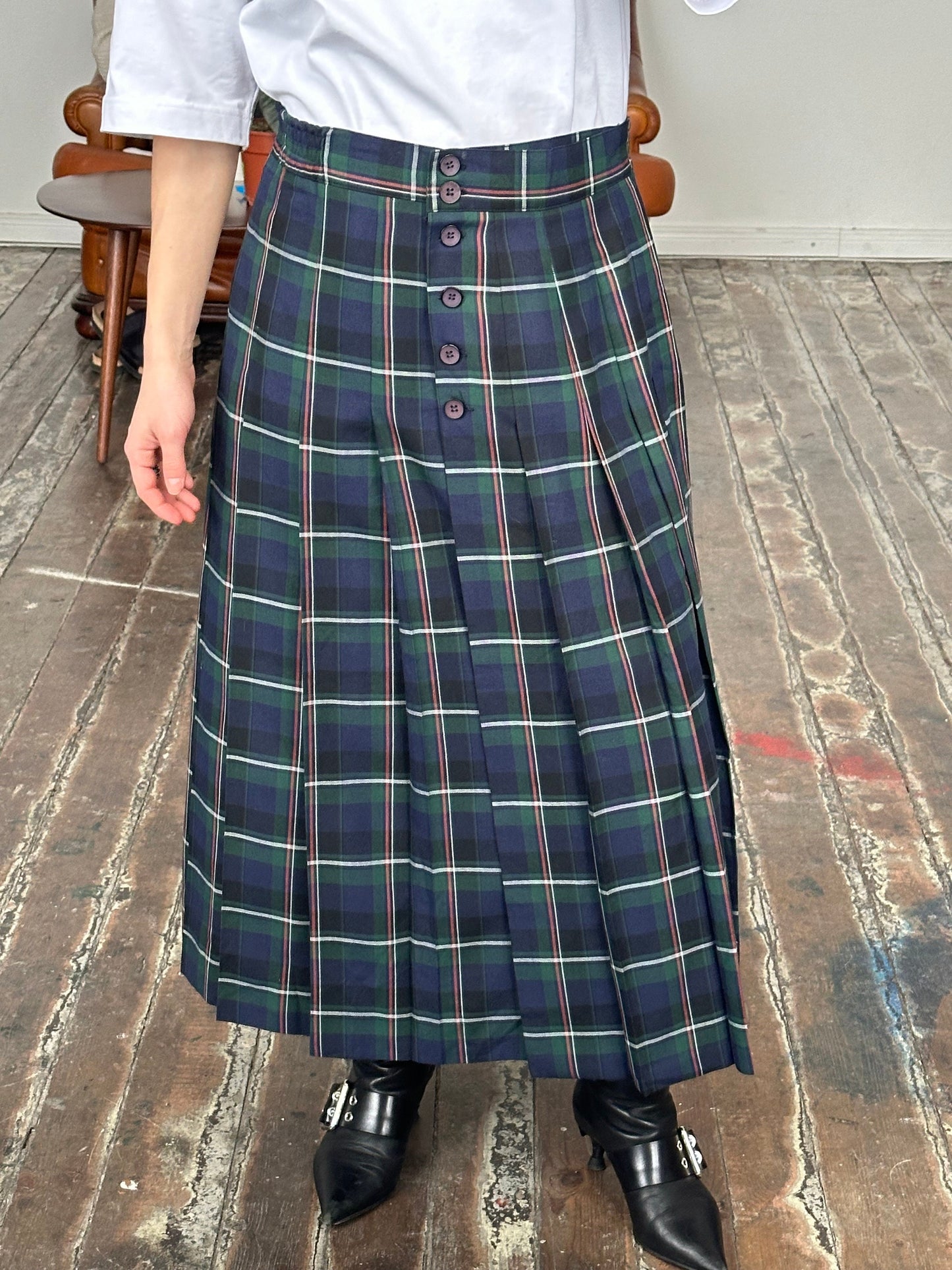 Vintage check maxi skirt in green and blue
