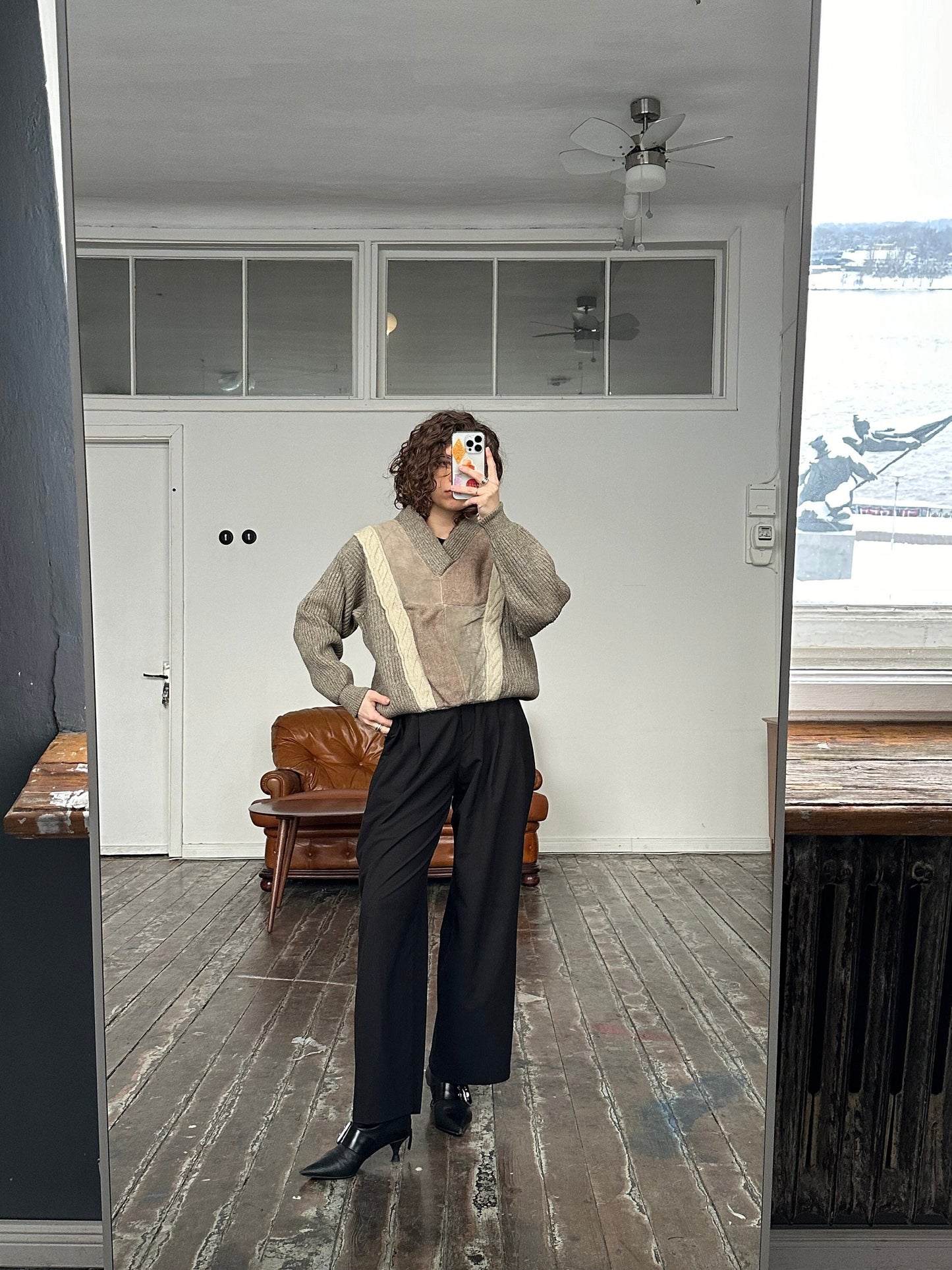 Vintage wool sweatshirt, oversized sweater in beige