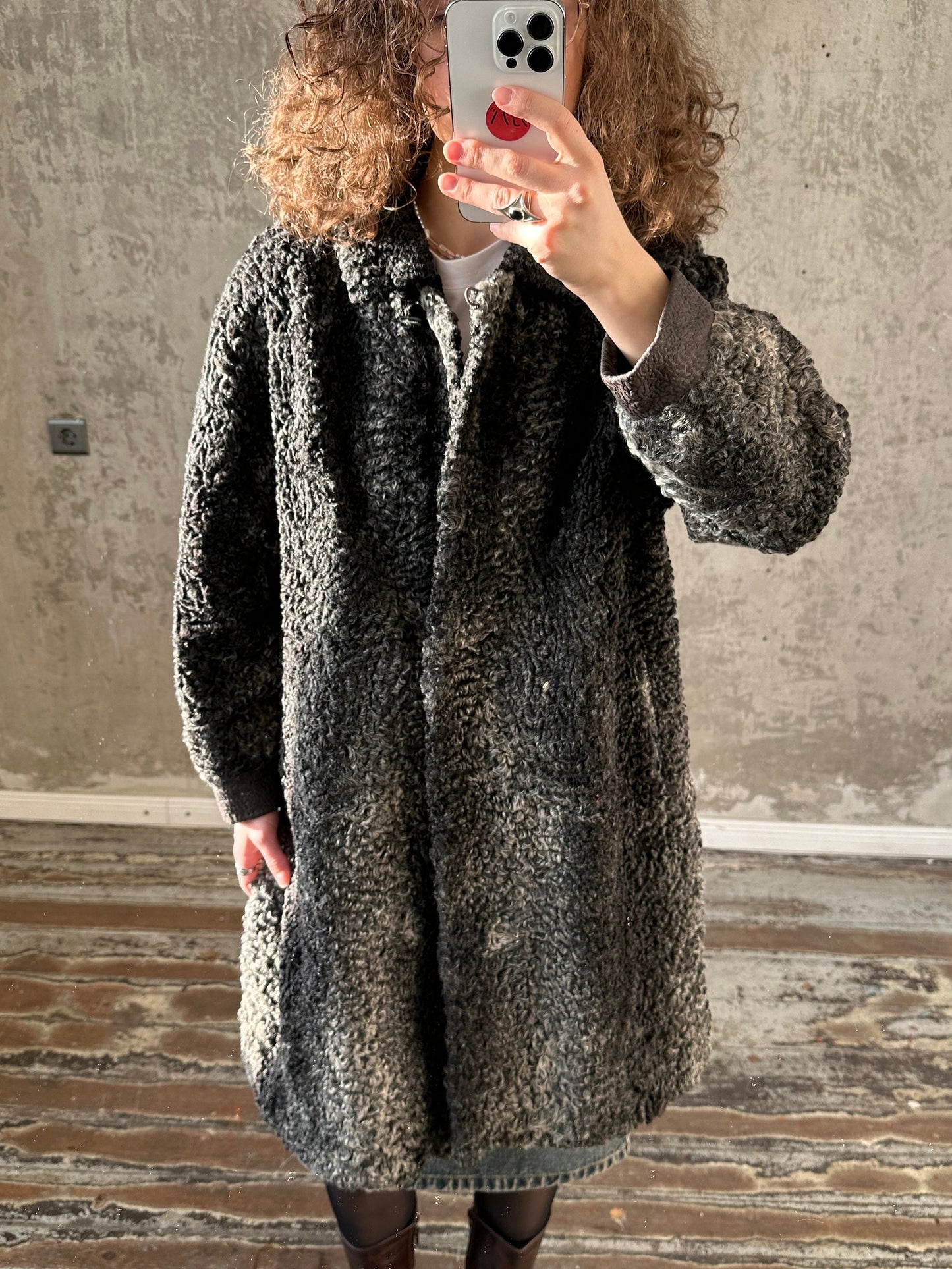 Vintage astrakhan long coat in grey and black, fur coat