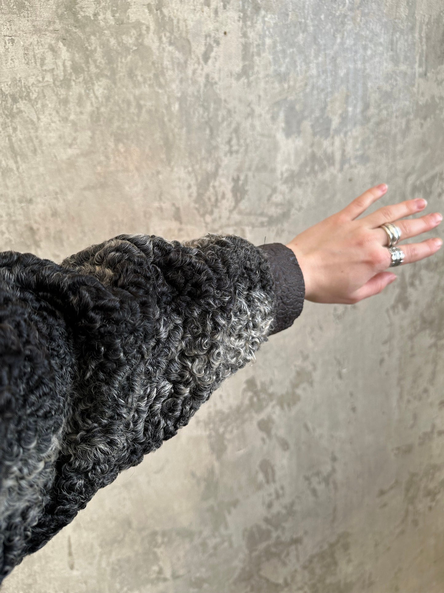 Vintage astrakhan long coat in grey and black, fur coat