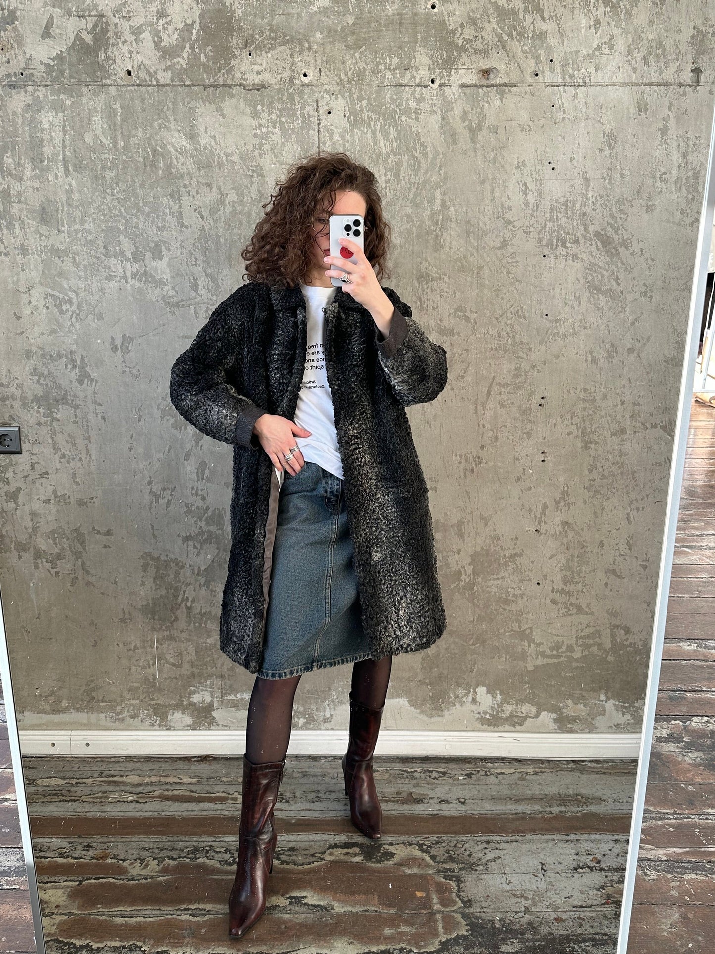 Vintage astrakhan long coat in grey and black, fur coat