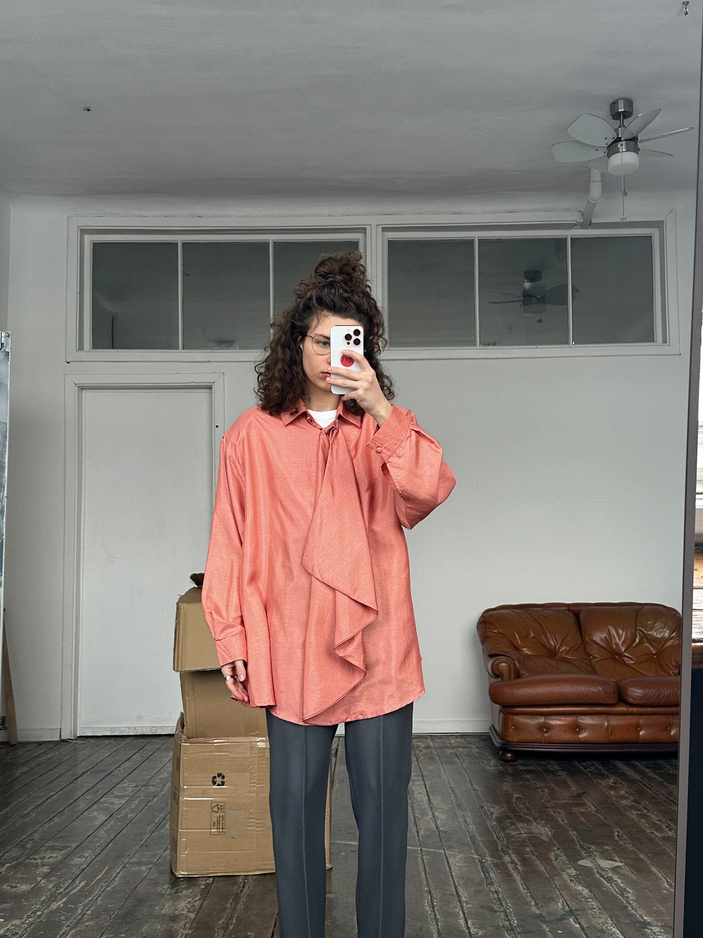 Vintage drape front blouse, chiffon blouse in pink