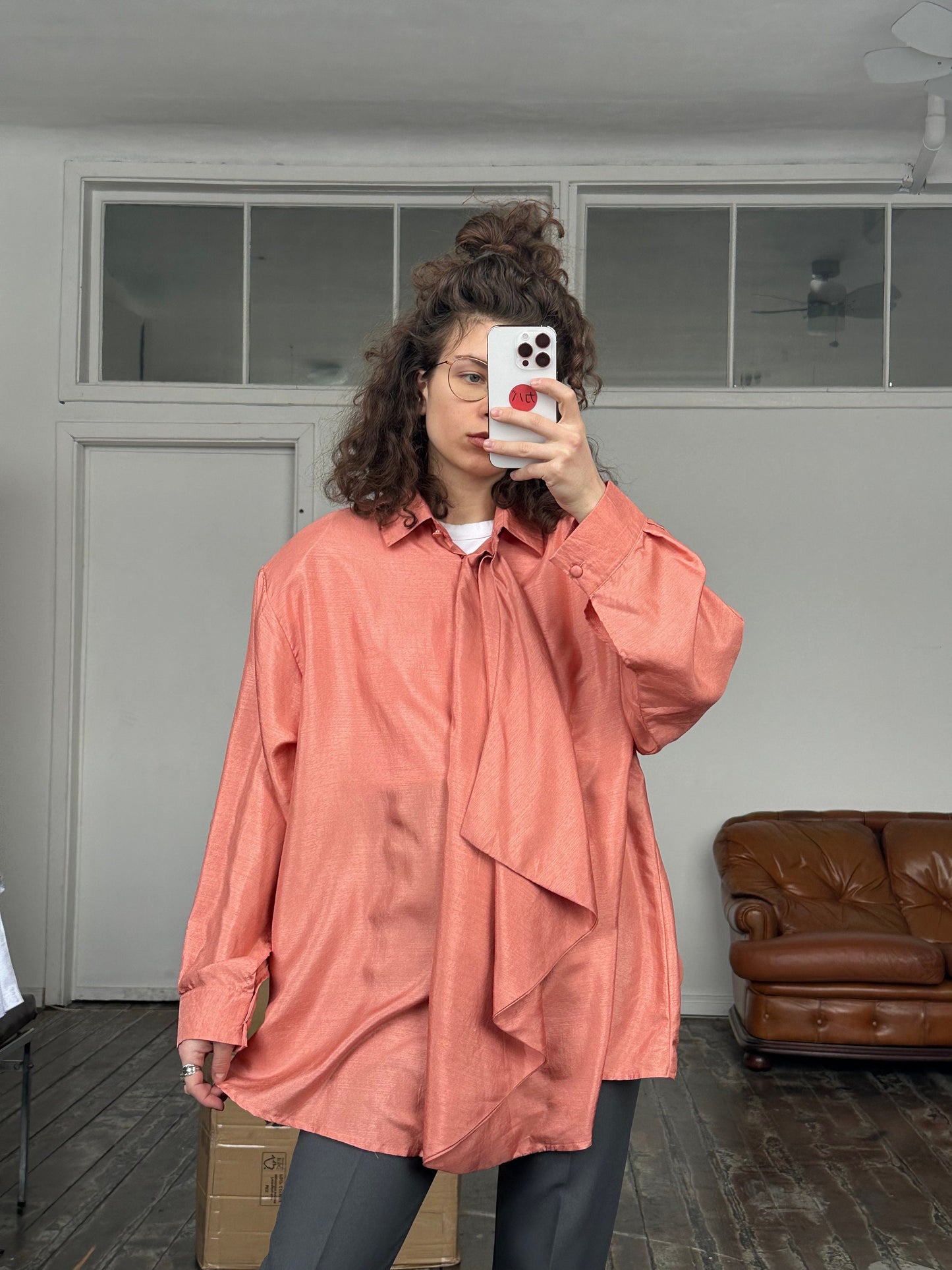 Vintage drape front blouse, chiffon blouse in pink