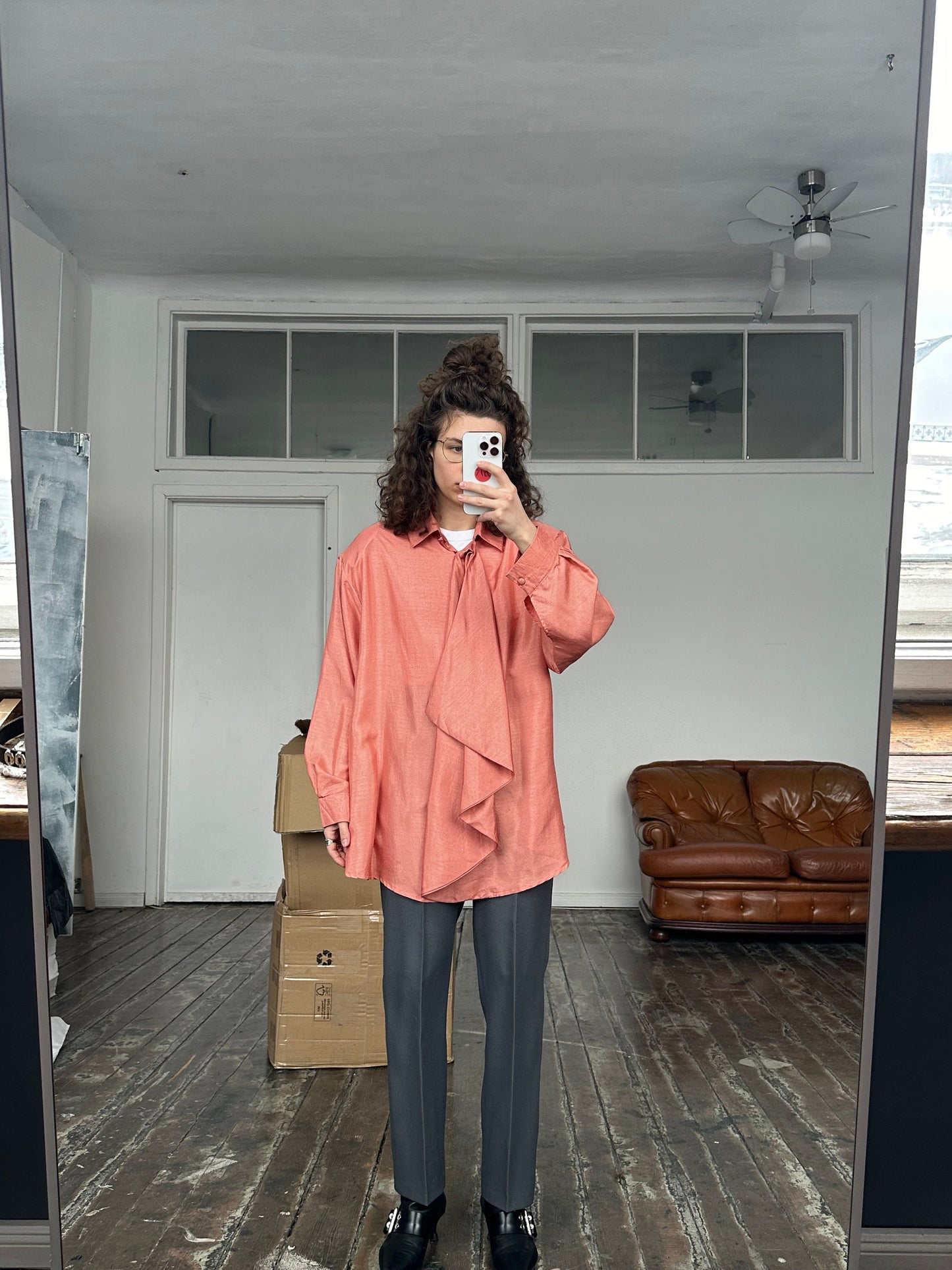 Vintage drape front blouse, chiffon blouse in pink