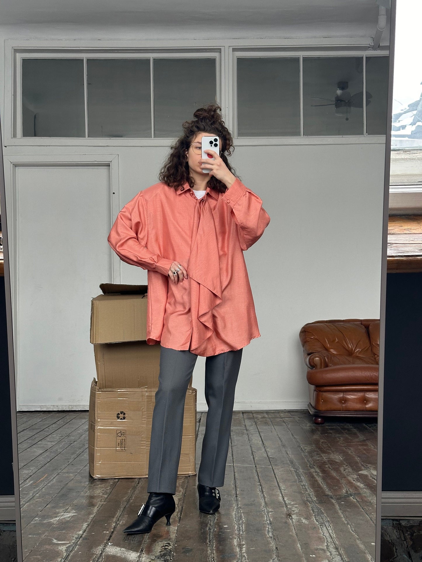 Vintage drape front blouse, chiffon blouse in pink