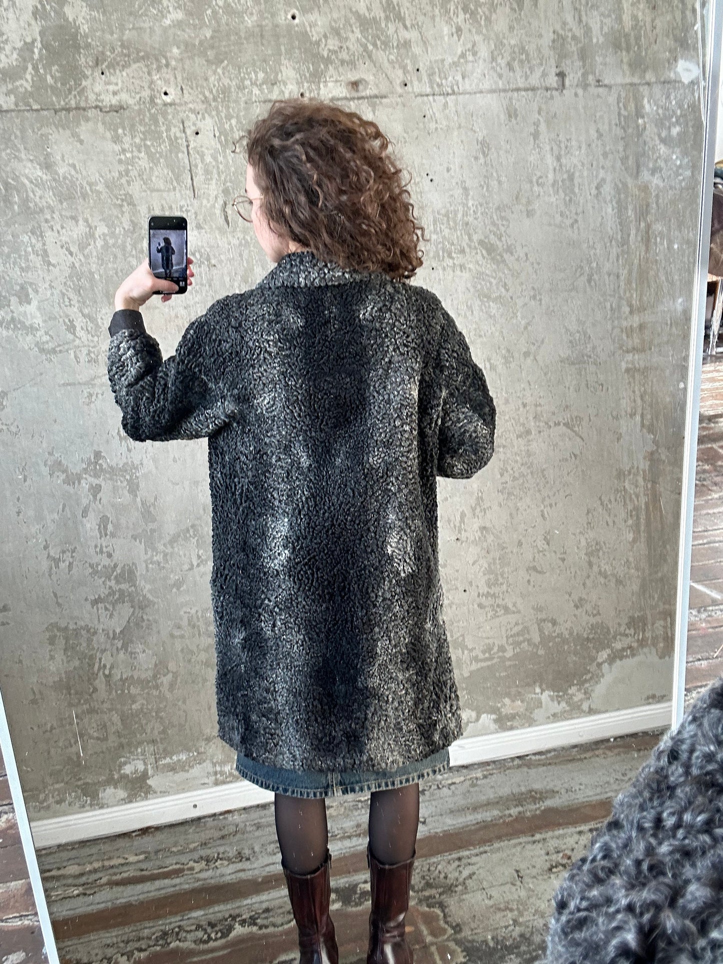 Vintage astrakhan long coat in grey and black, fur coat
