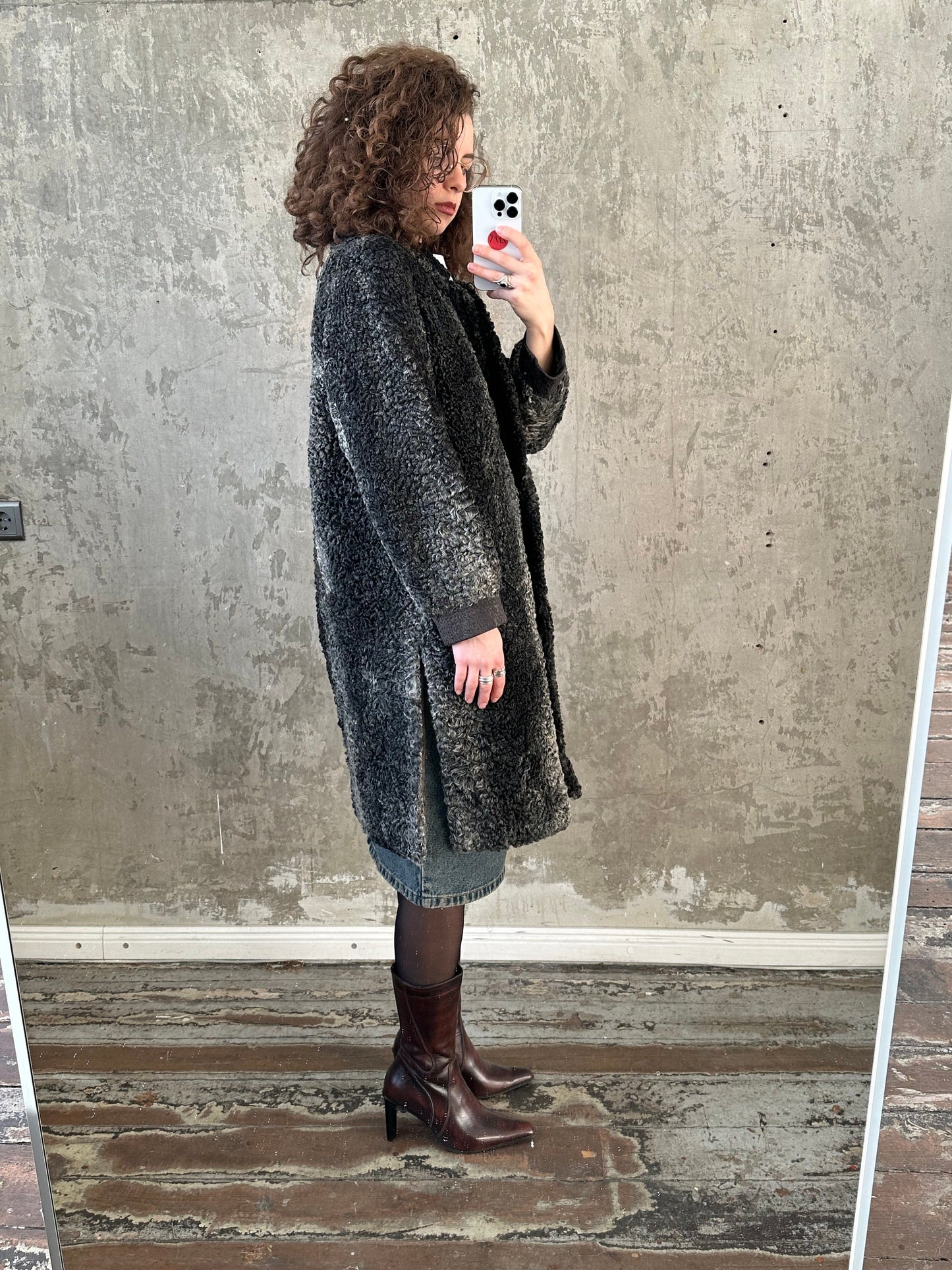 Vintage astrakhan long coat in grey and black, fur coat
