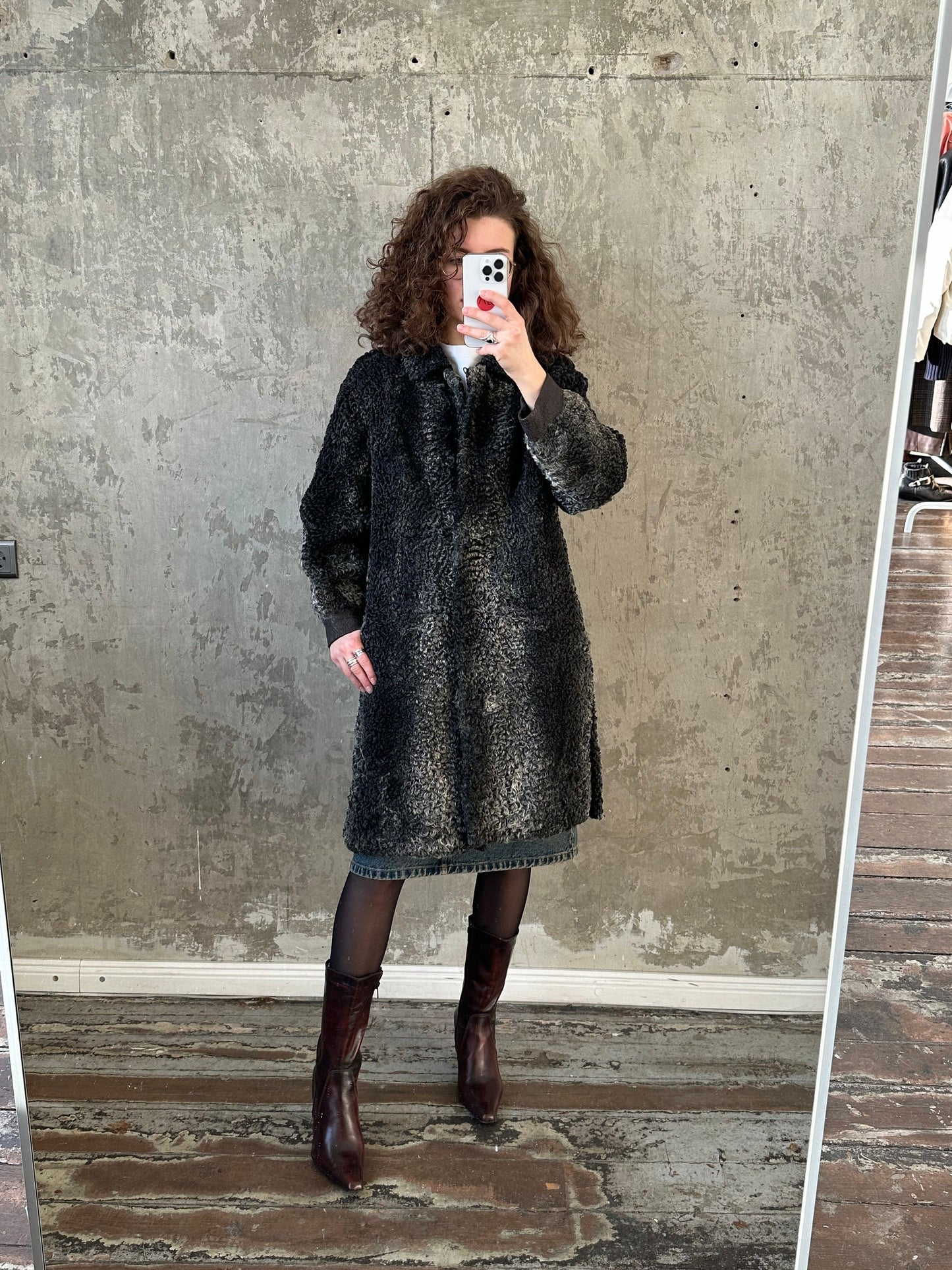 Vintage astrakhan long coat in grey and black, fur coat