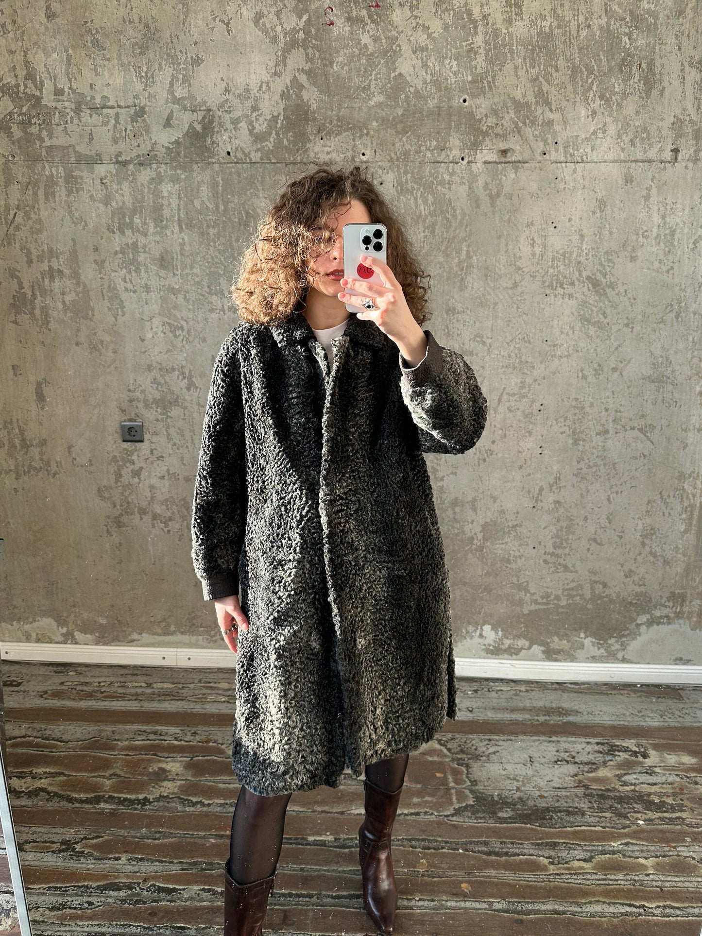Vintage astrakhan long coat in grey and black, fur coat