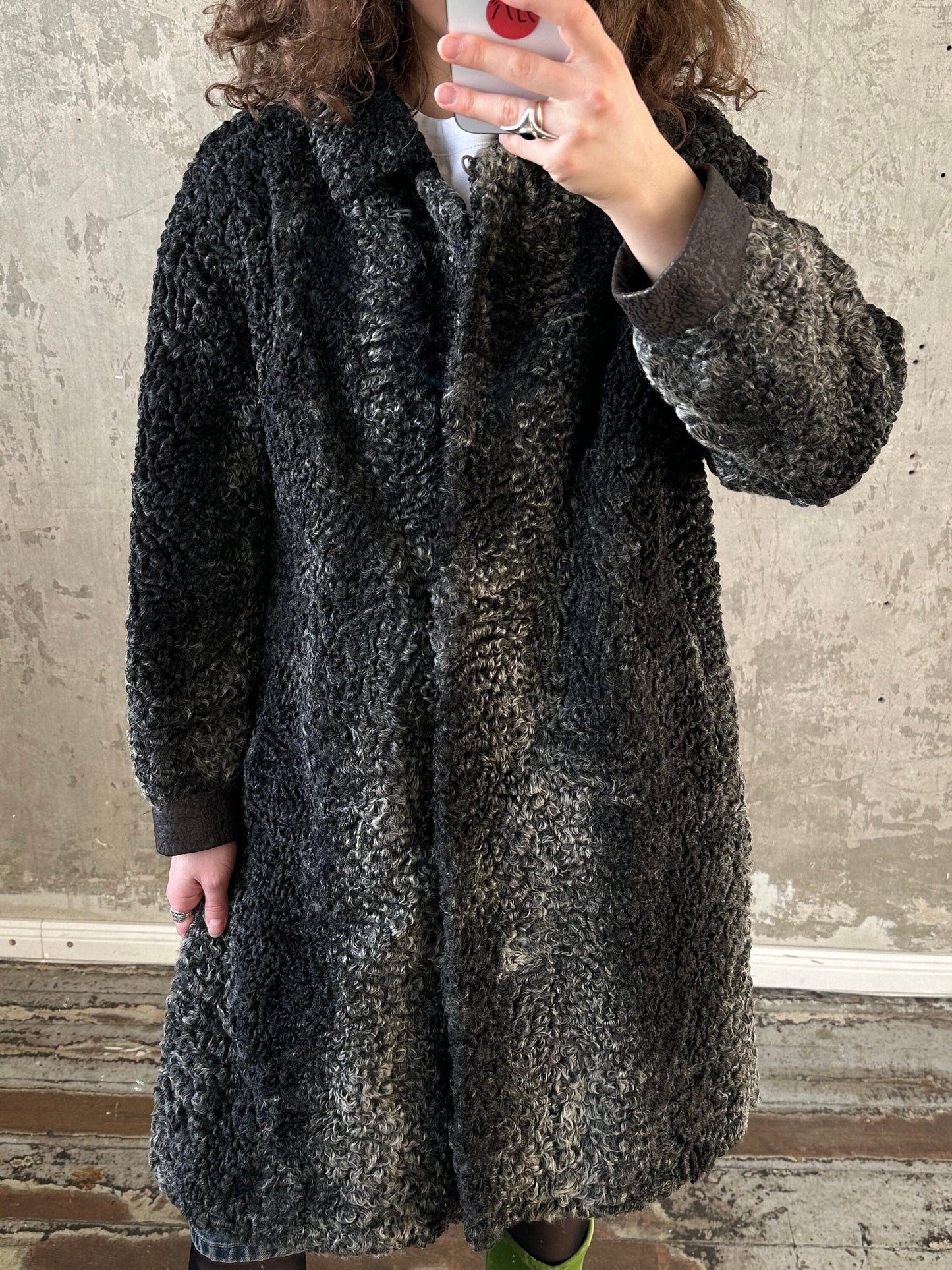 Vintage astrakhan long coat in grey and black, fur coat