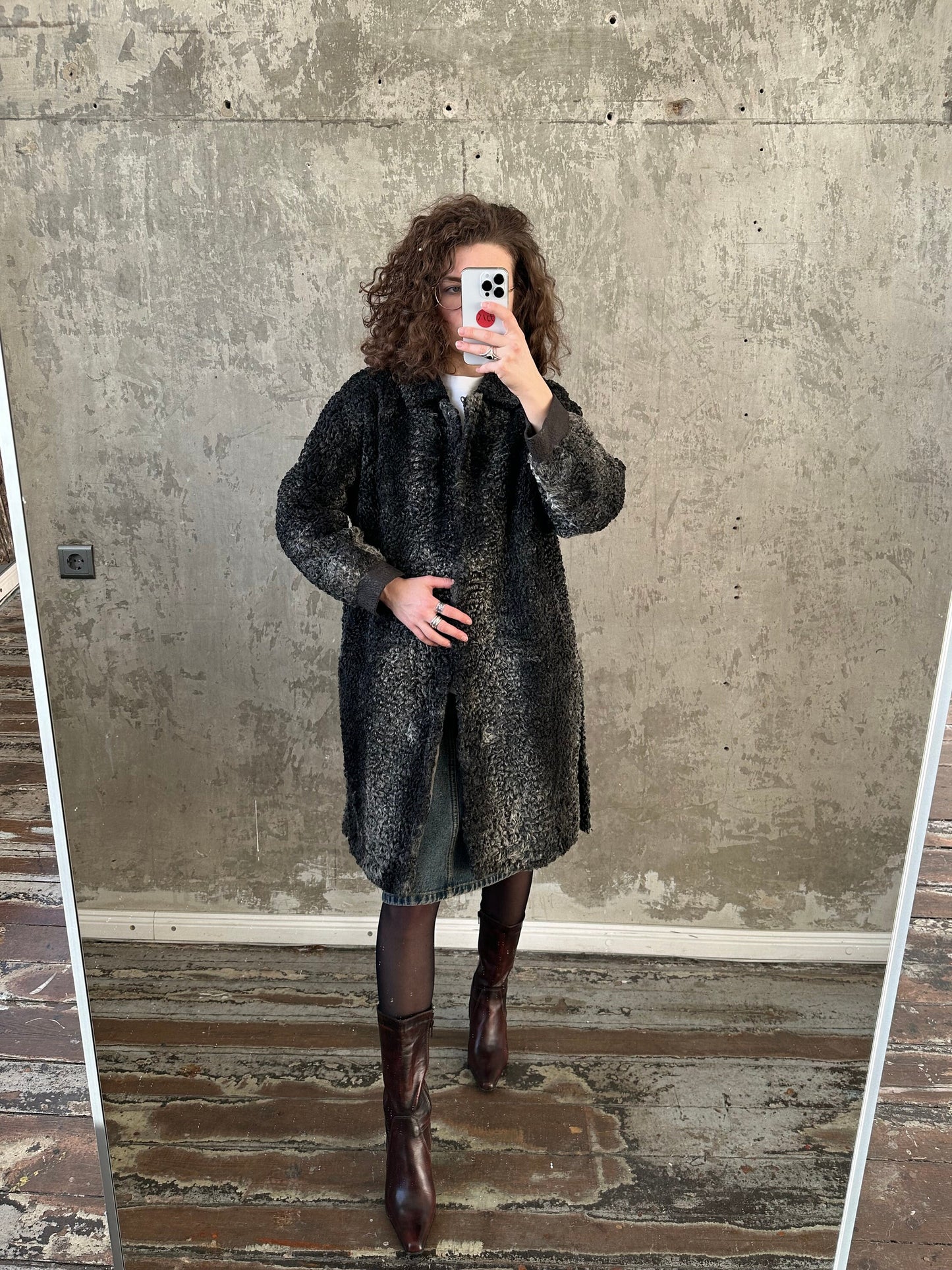 Vintage astrakhan long coat in grey and black, fur coat