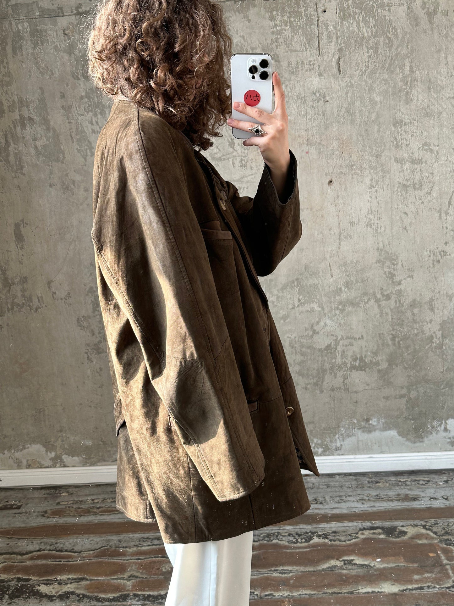 Vintage leather jacket, button-down jacket in green
