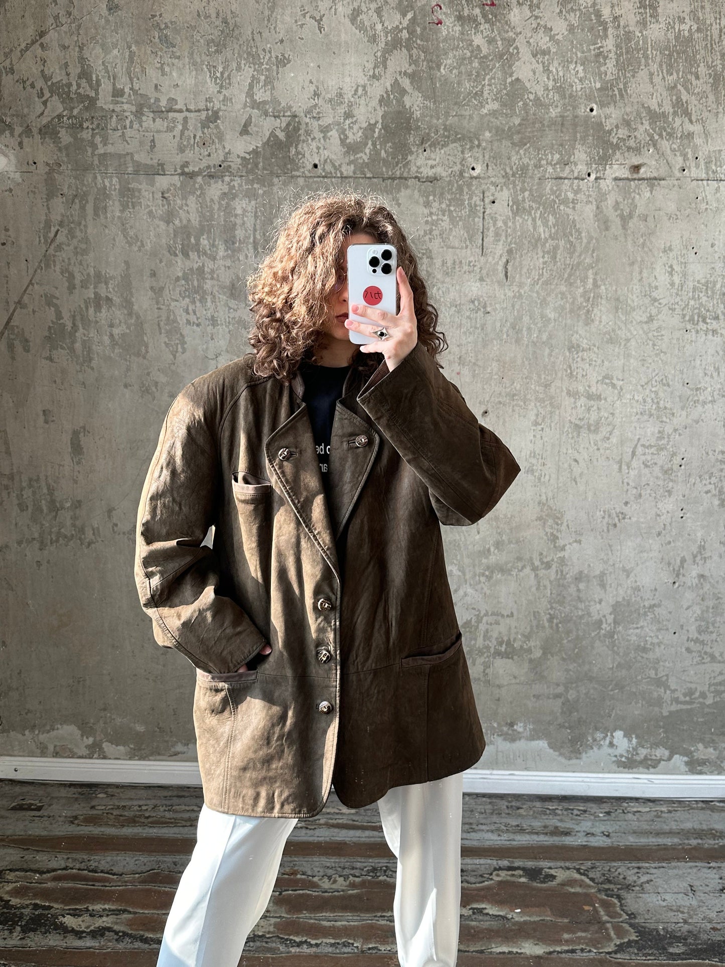 Vintage leather jacket, button-down jacket in green