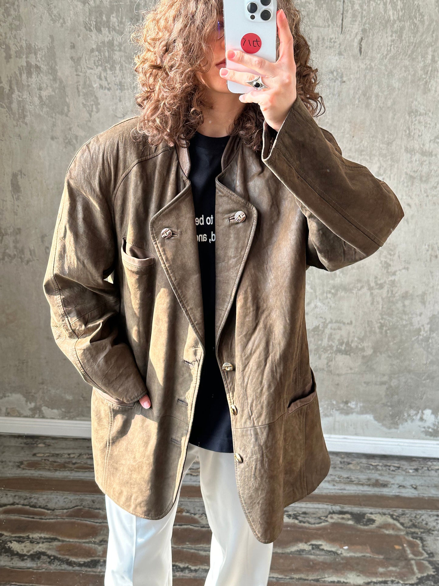 Vintage leather jacket, button-down jacket in green
