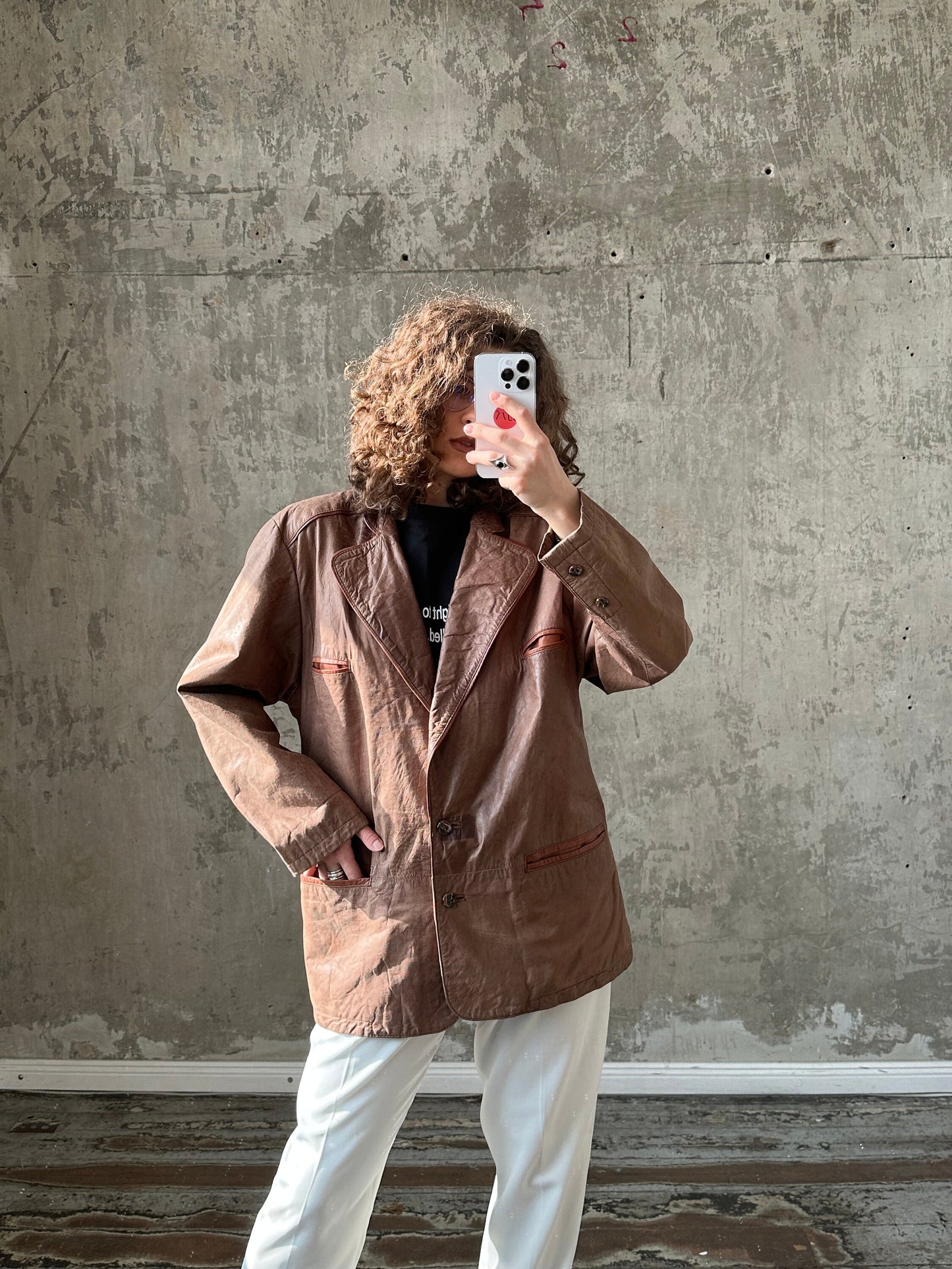 Vintage leather brown jacket, button-down blazer