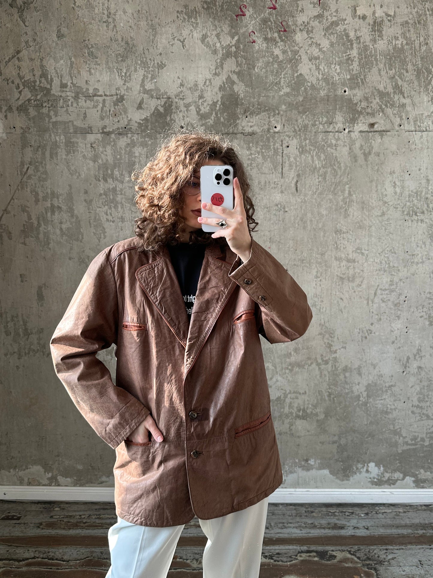 Vintage leather brown jacket, button-down blazer