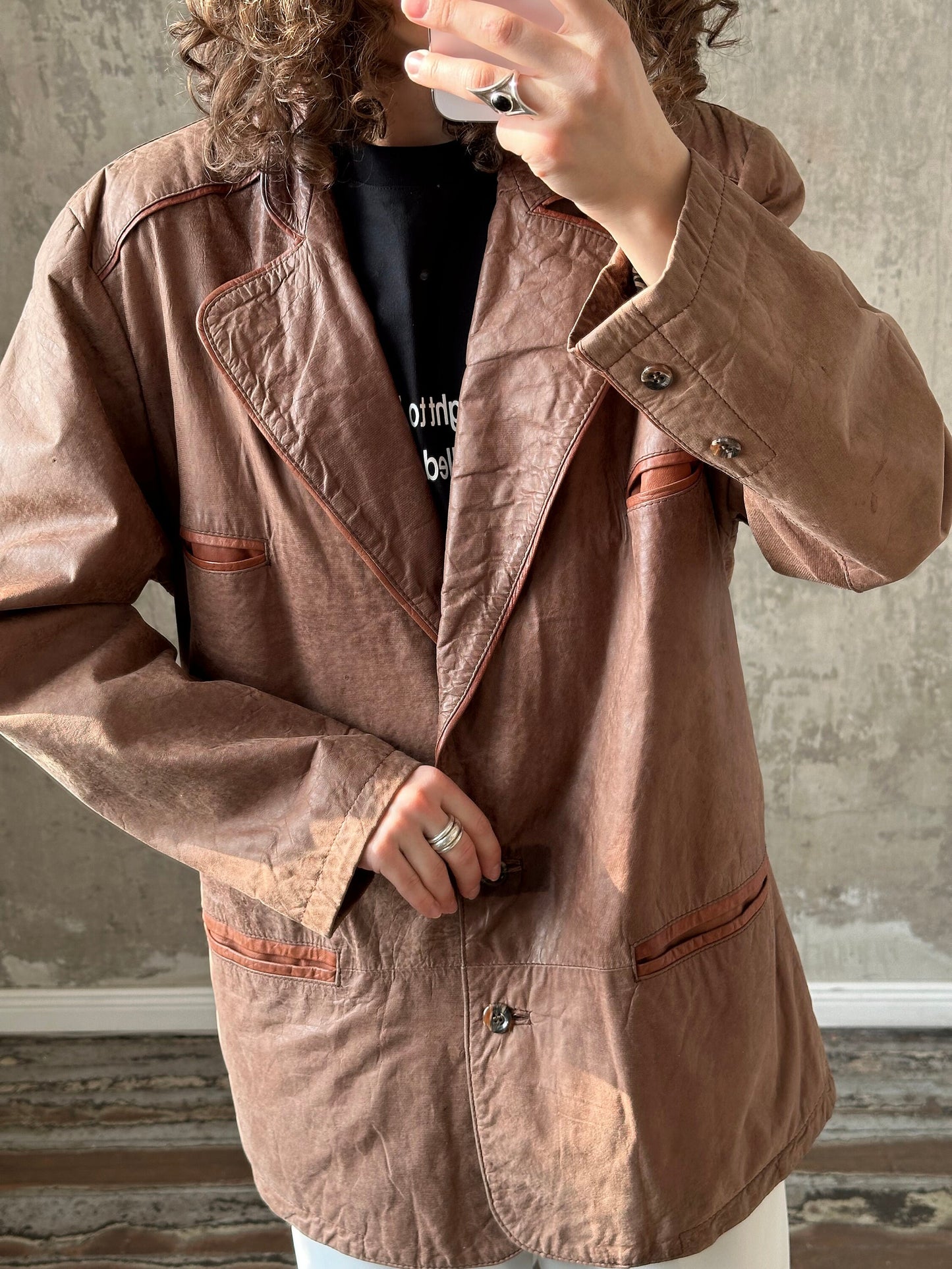 Vintage leather brown jacket, button-down blazer