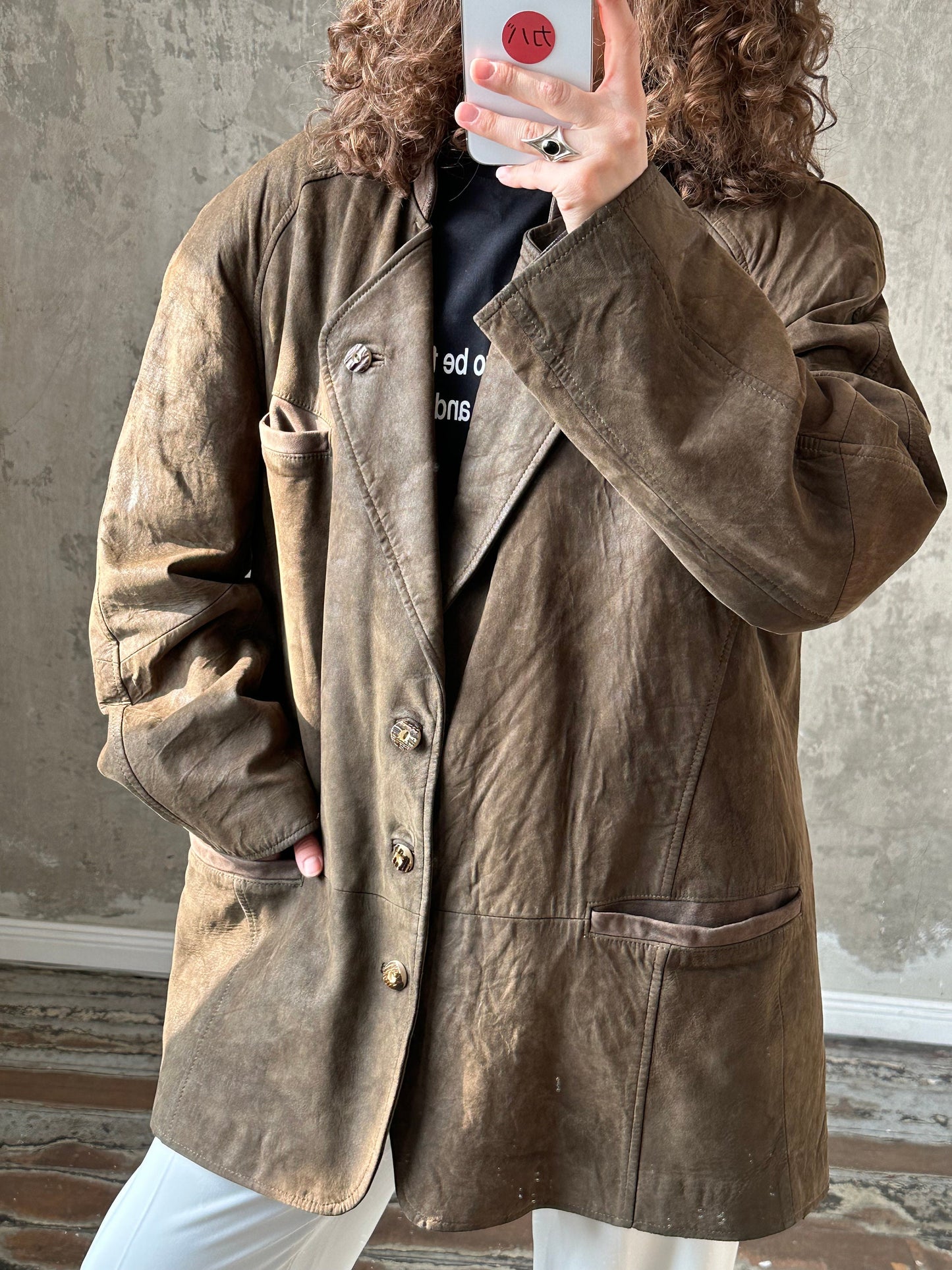 Vintage leather jacket, button-down jacket in green