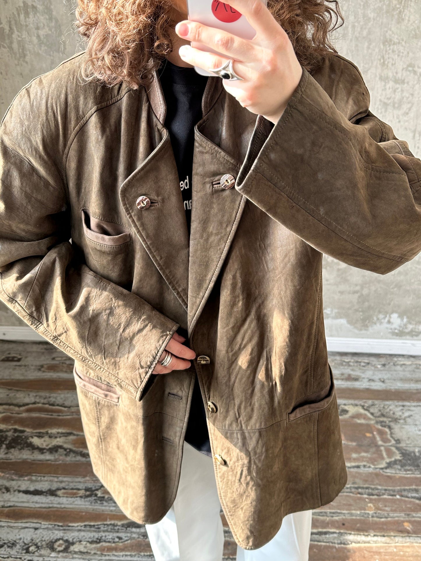 Vintage leather jacket, button-down jacket in green