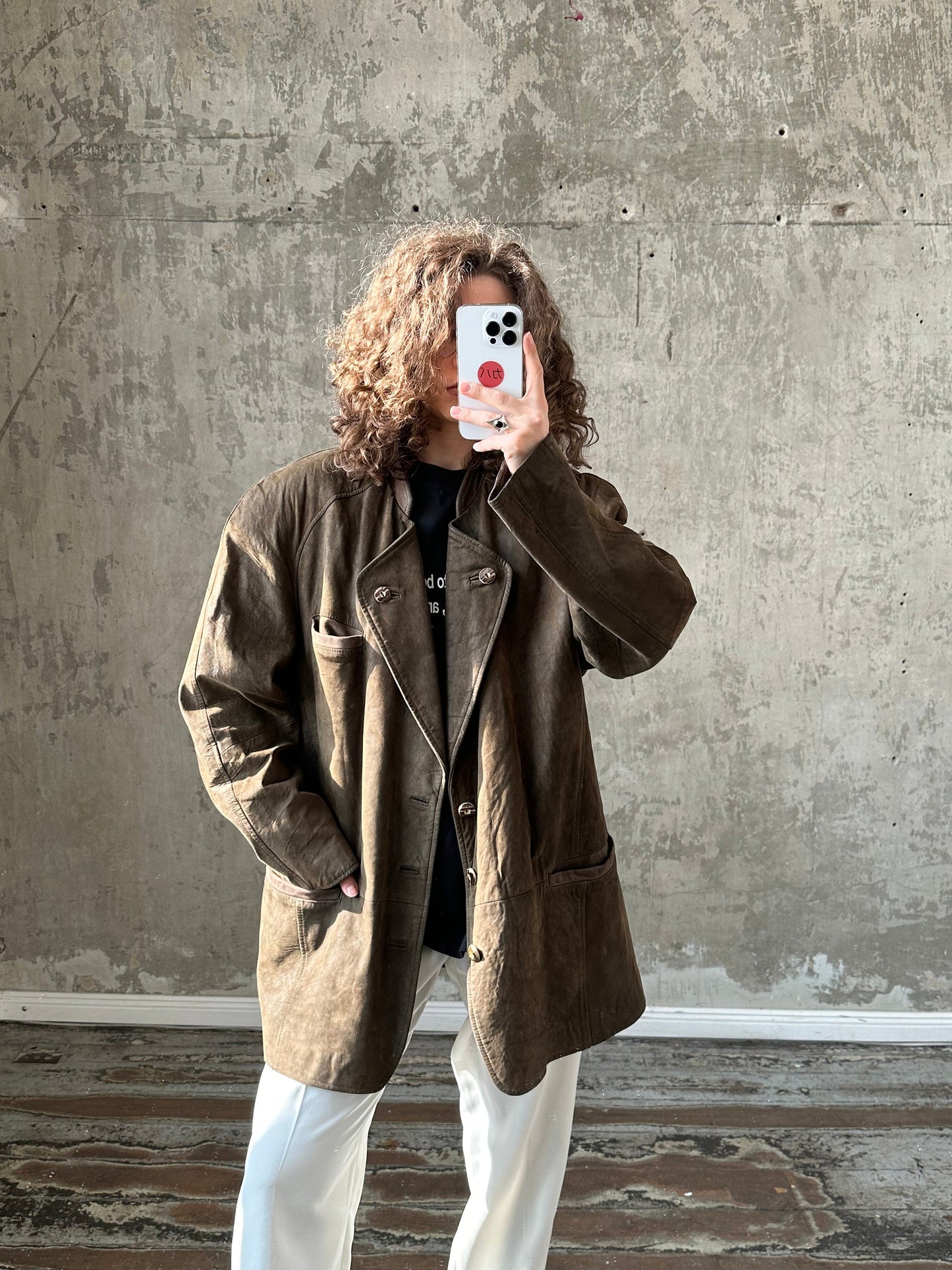 Vintage leather jacket, button-down jacket in green