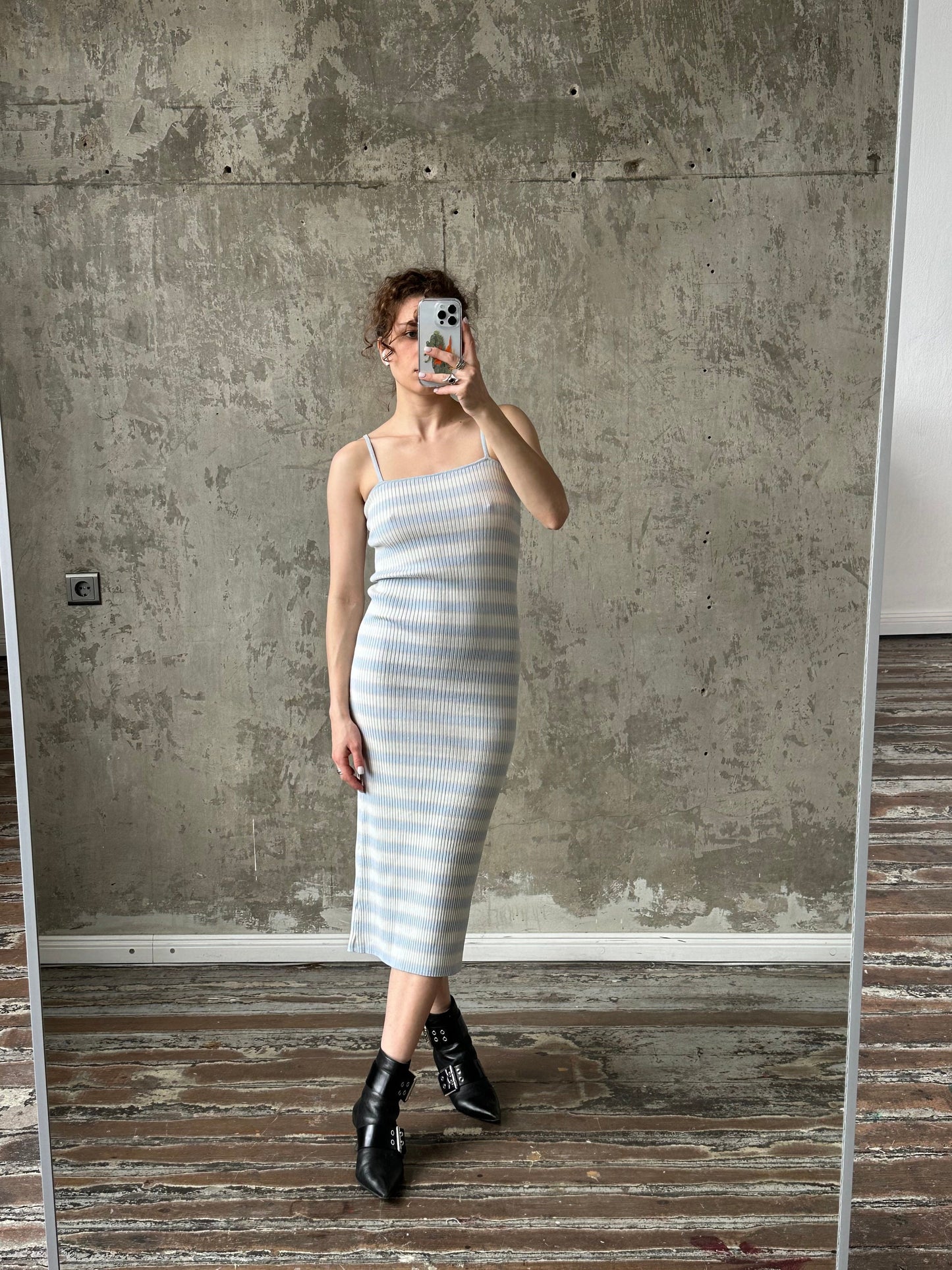 Vintage striped maxi tank dress, bodycon dress in white and blue