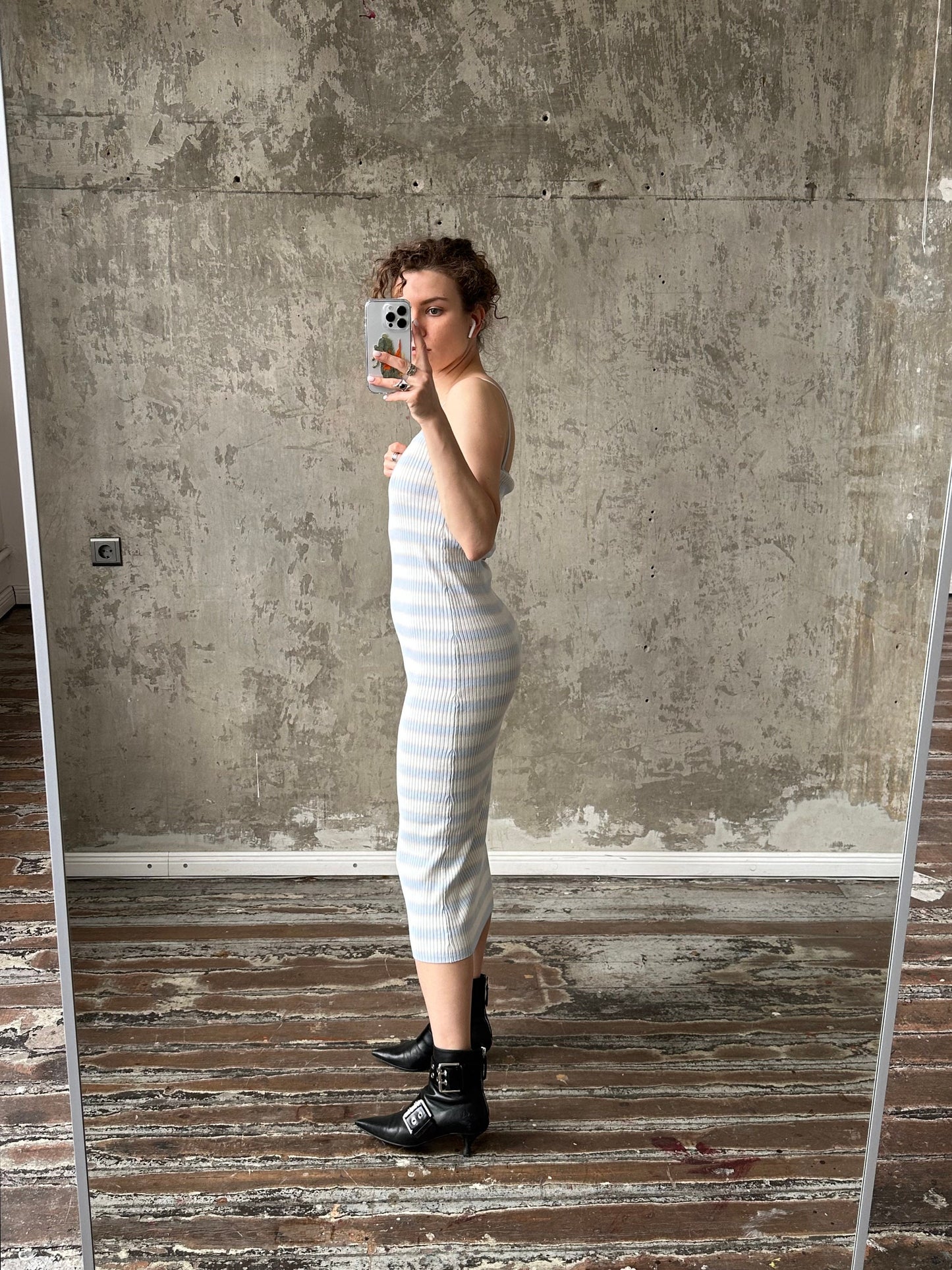 Vintage striped maxi tank dress, bodycon dress in white and blue