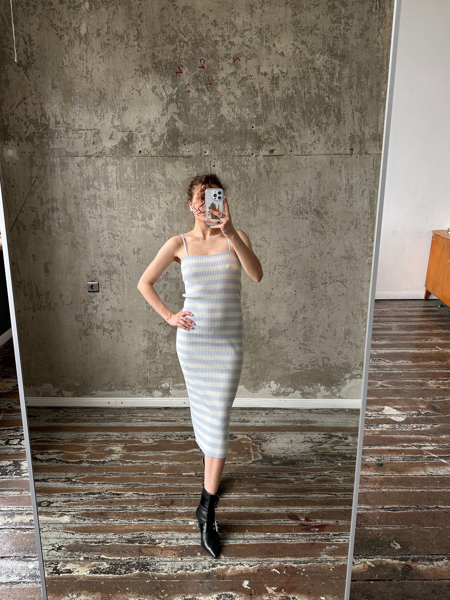 Vintage striped maxi tank dress, bodycon dress in white and blue