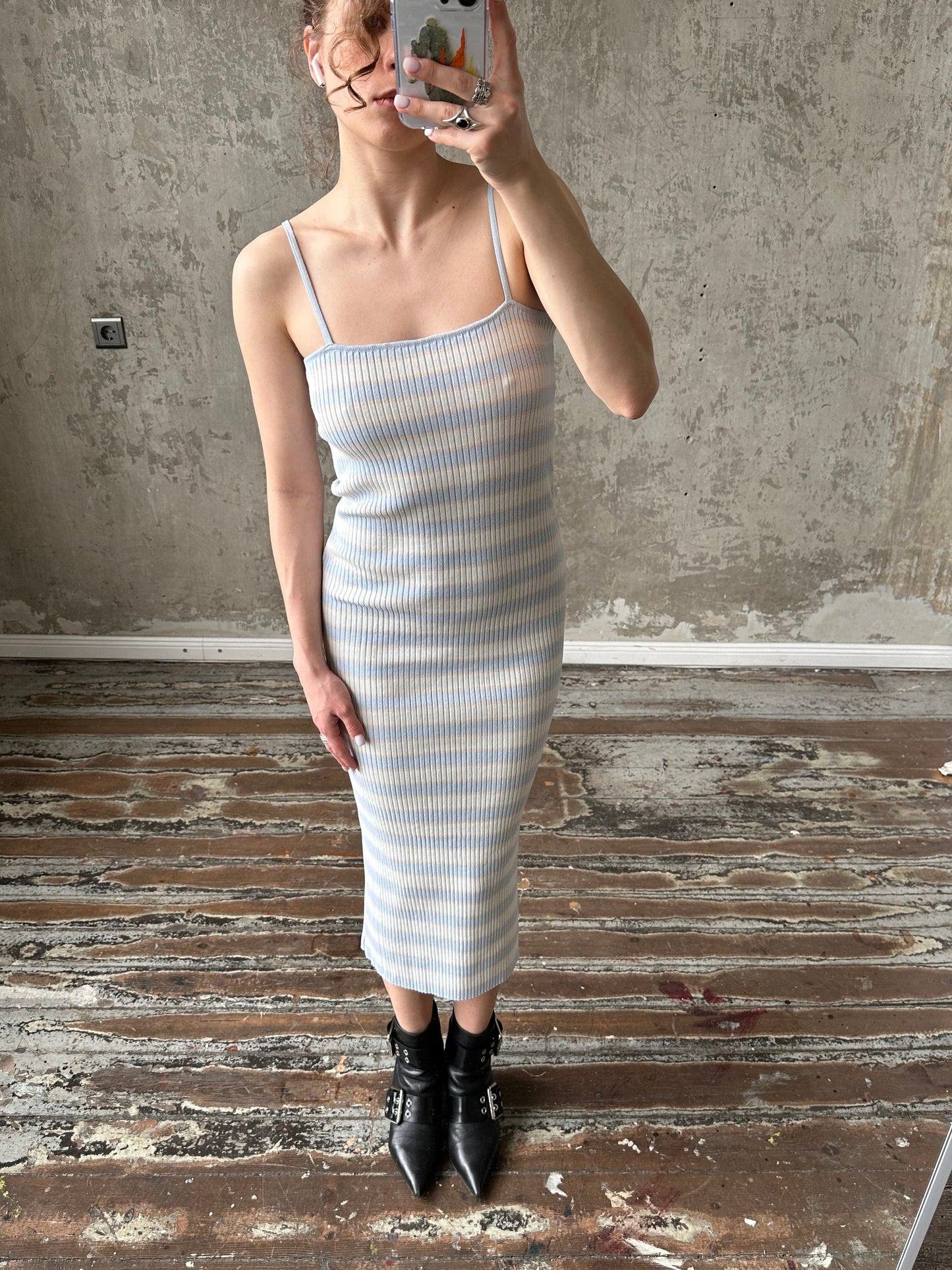 Vintage striped maxi tank dress, bodycon dress in white and blue
