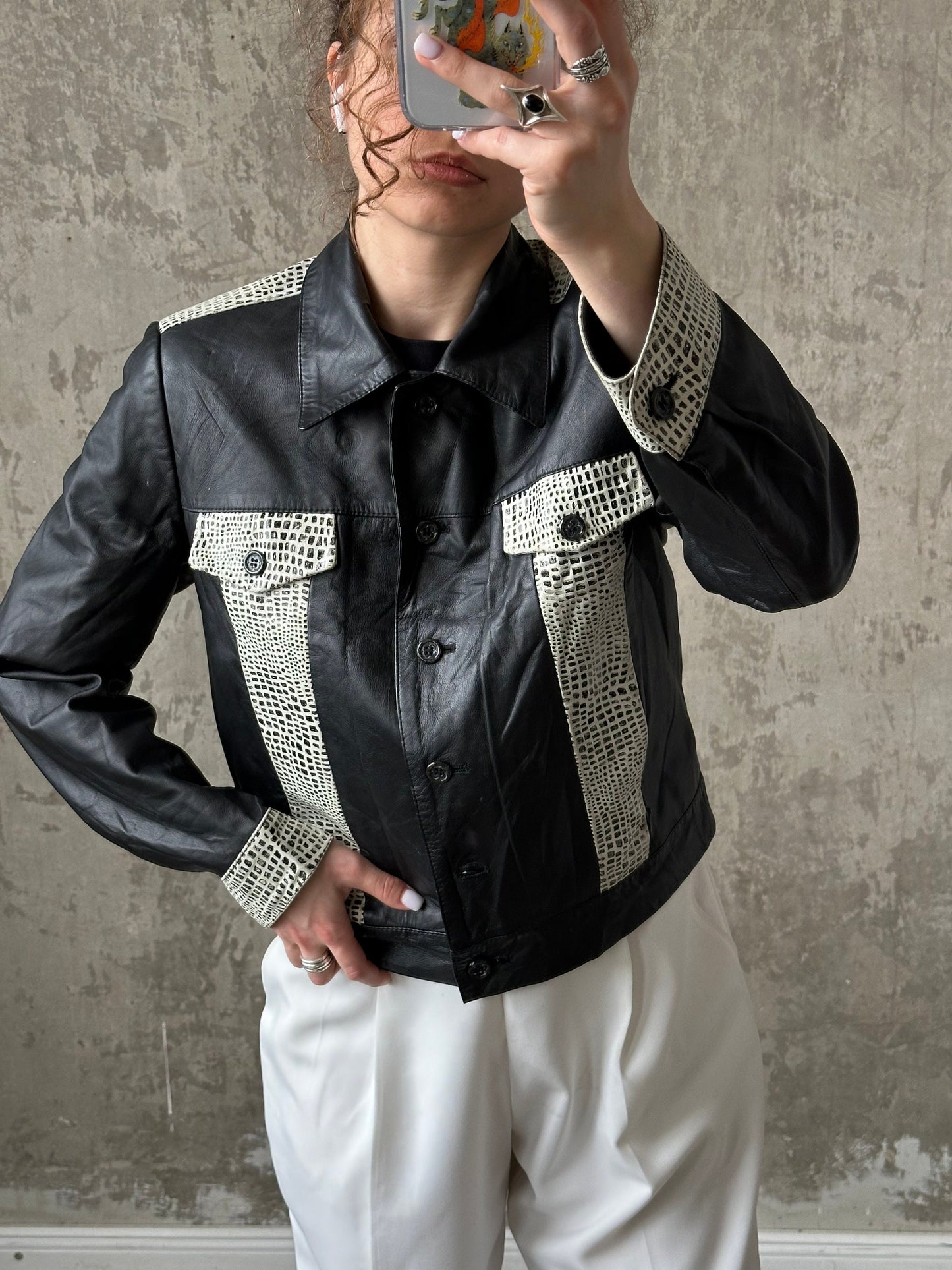 Vintage 90s boxy leather jacket in black and white