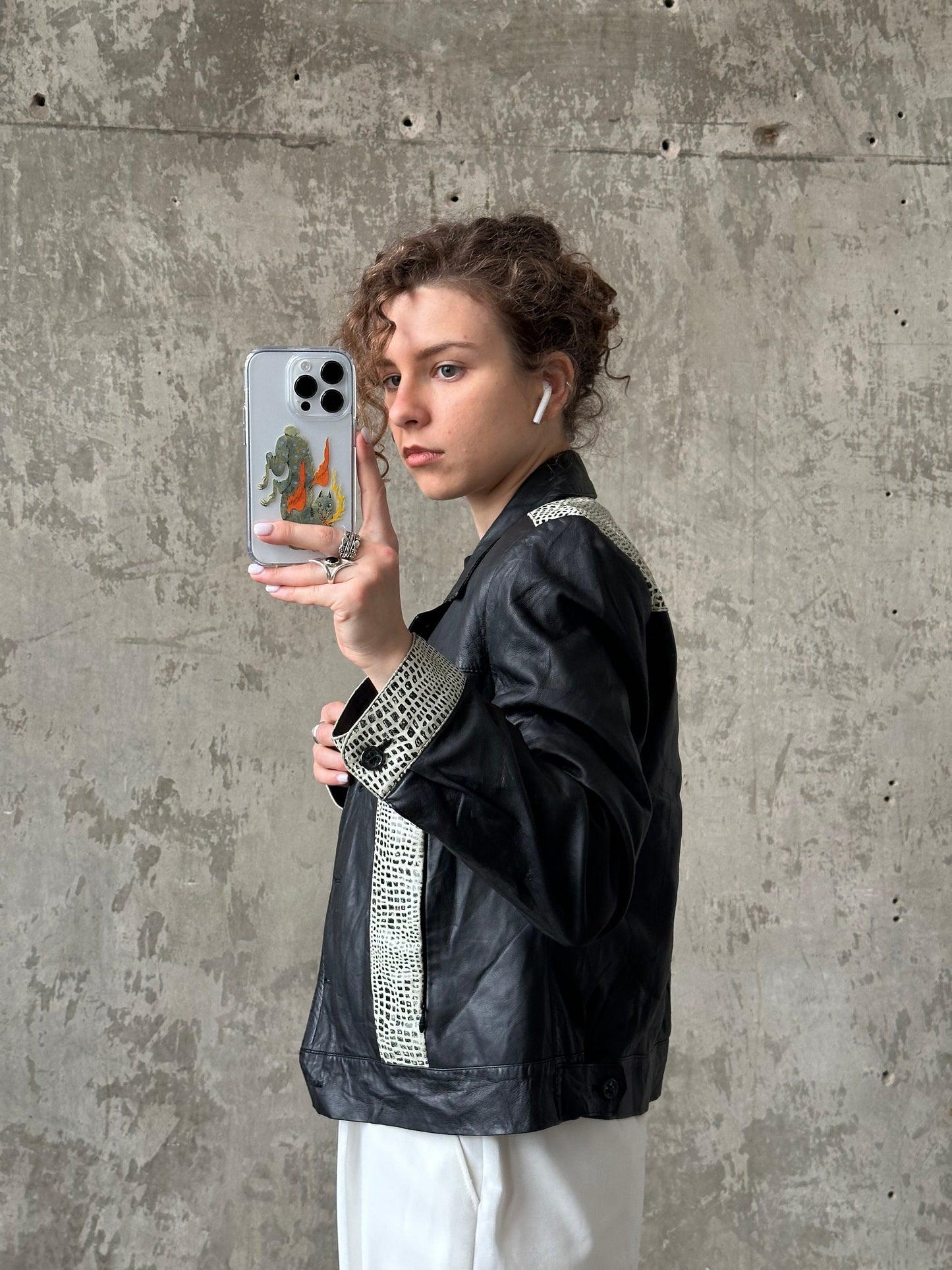 Vintage 90s boxy leather jacket in black and white