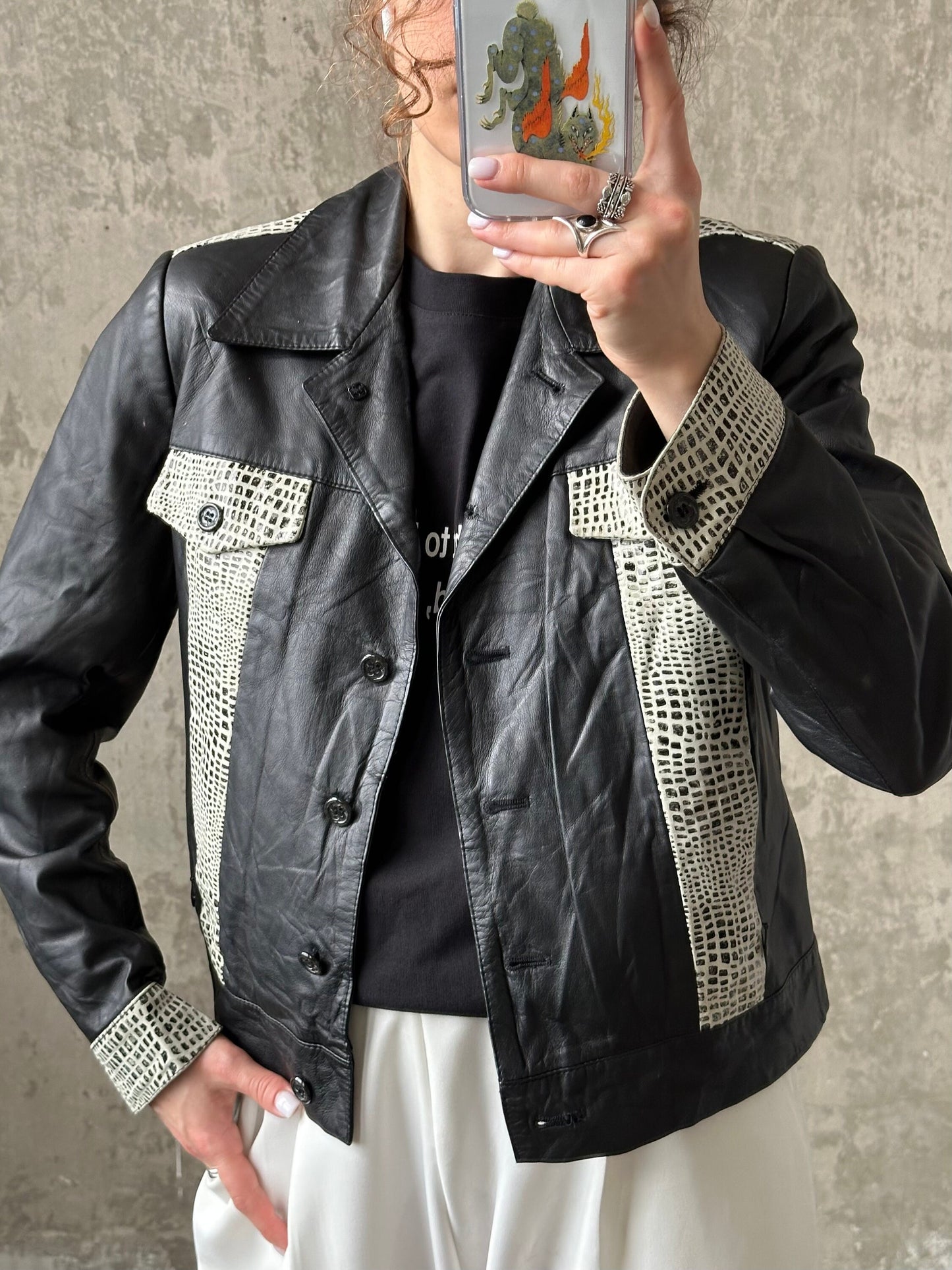 Vintage 90s boxy leather jacket in black and white