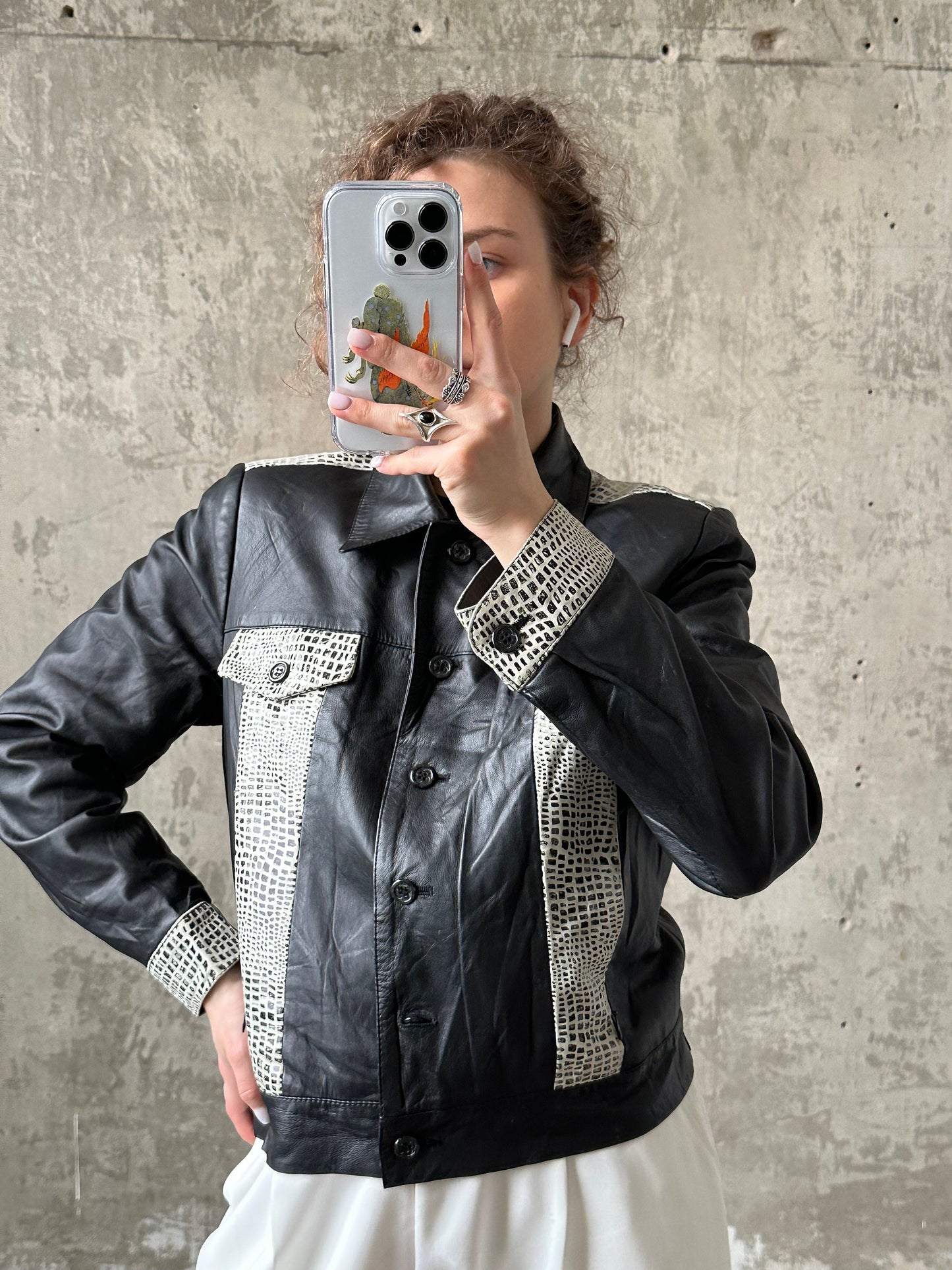Vintage 90s boxy leather jacket in black and white