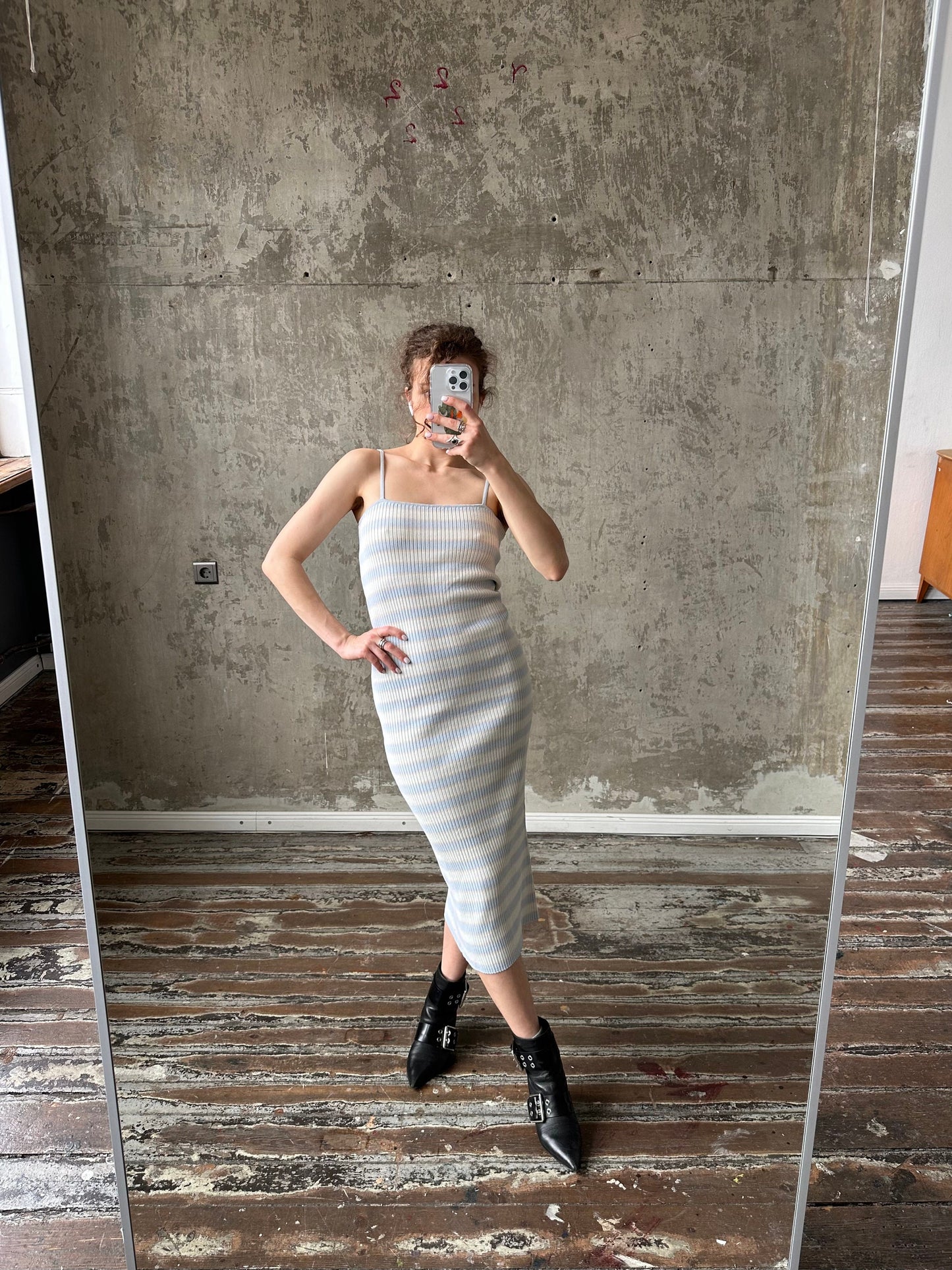 Vintage striped maxi tank dress, bodycon dress in white and blue
