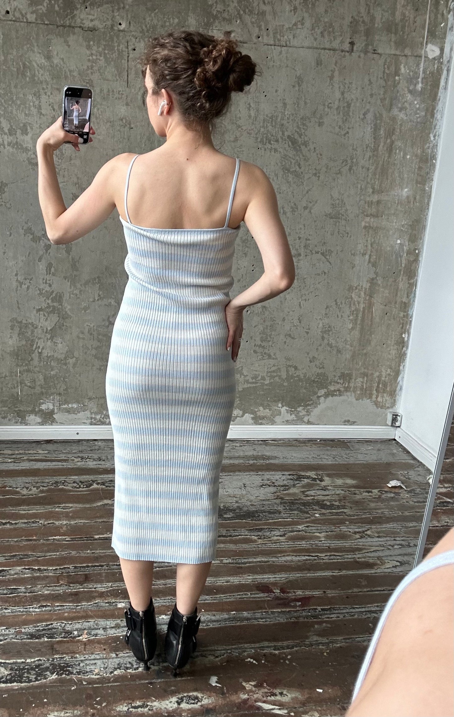 Vintage striped maxi tank dress, bodycon dress in white and blue