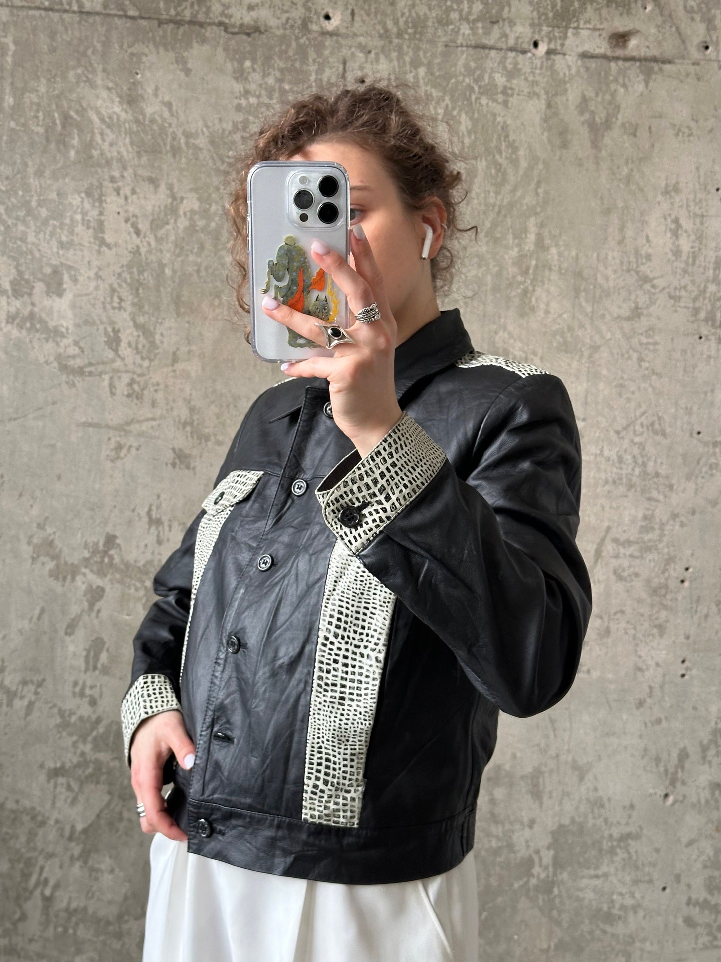 Vintage 90s boxy leather jacket in black and white
