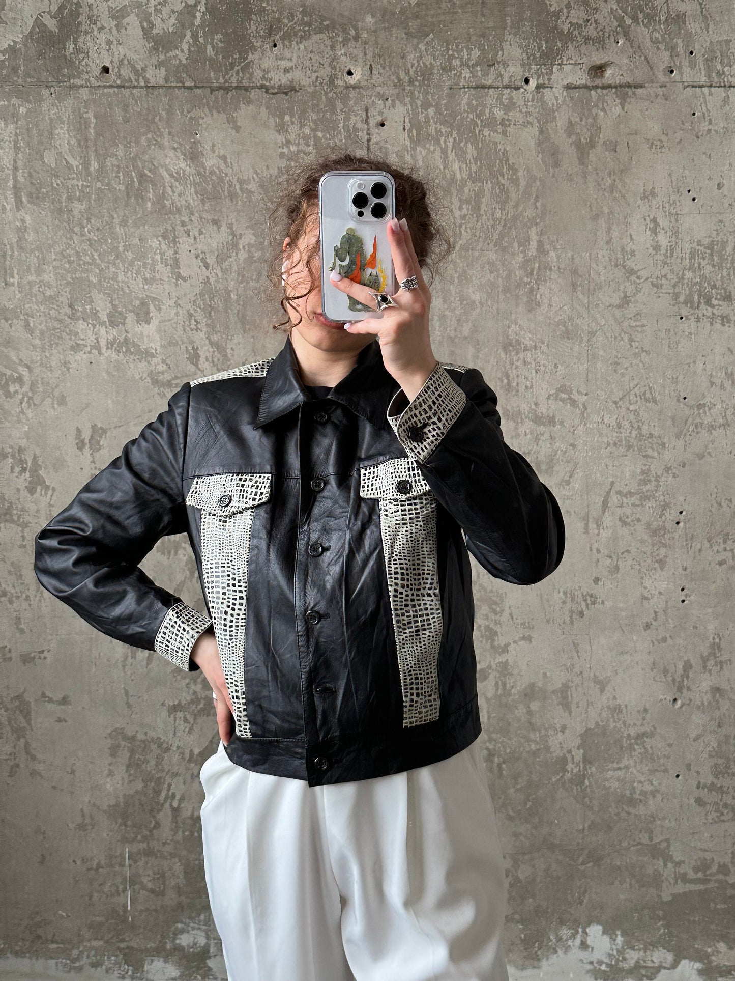 Vintage 90s boxy leather jacket in black and white