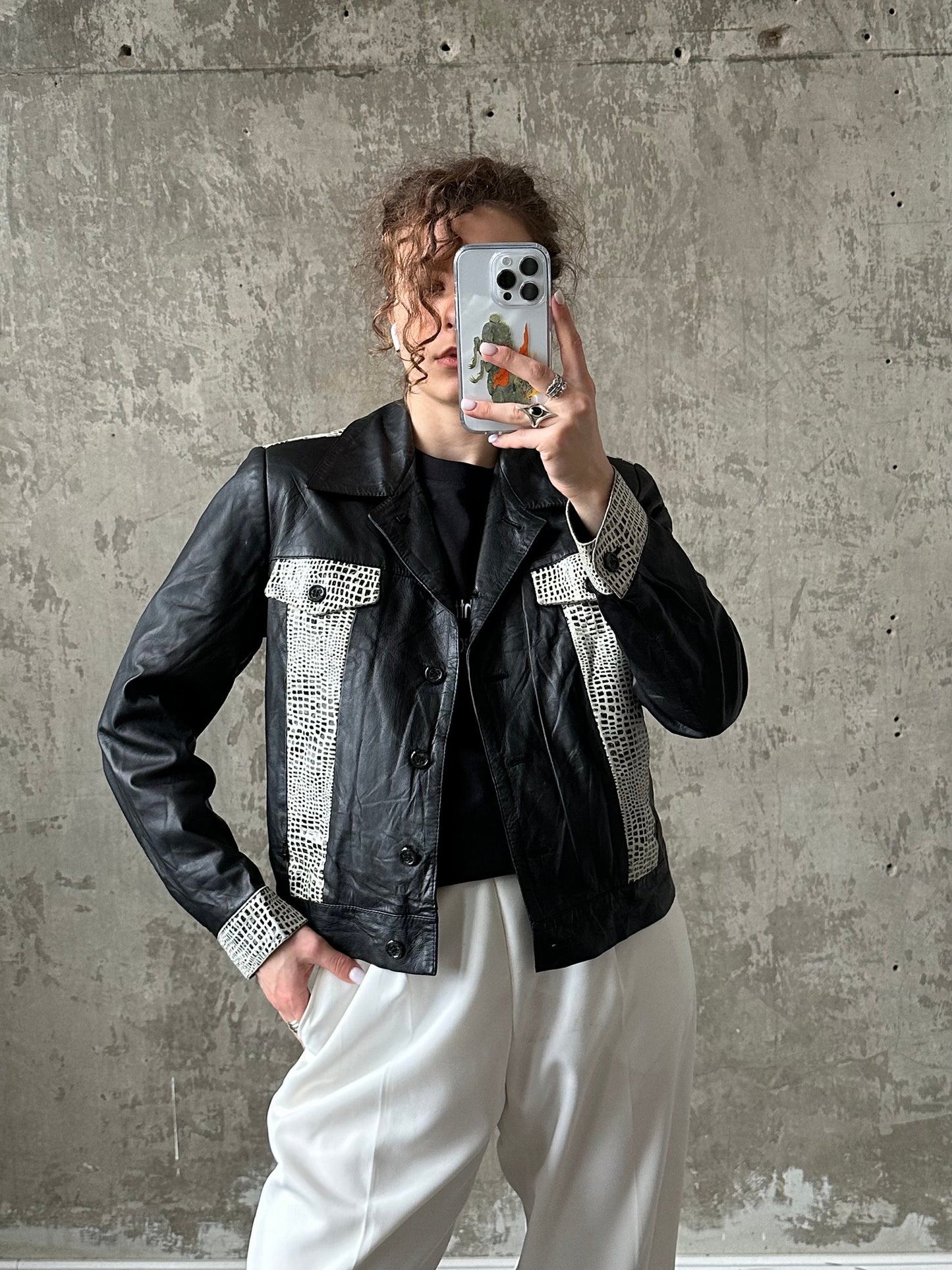 Vintage 90s boxy leather jacket in black and white