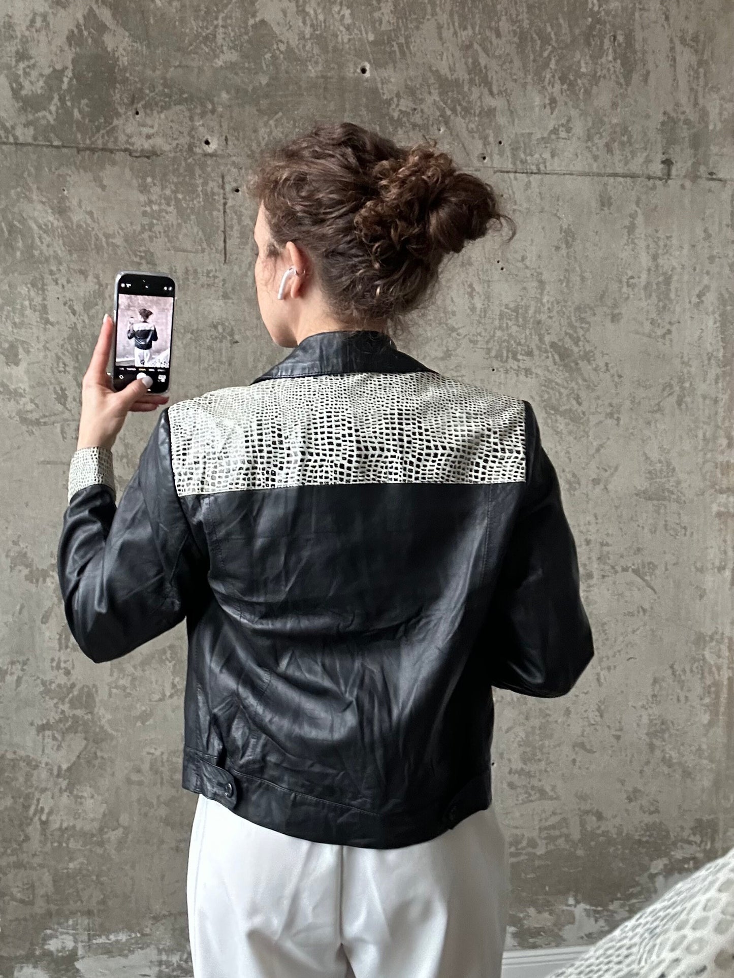 Vintage 90s boxy leather jacket in black and white