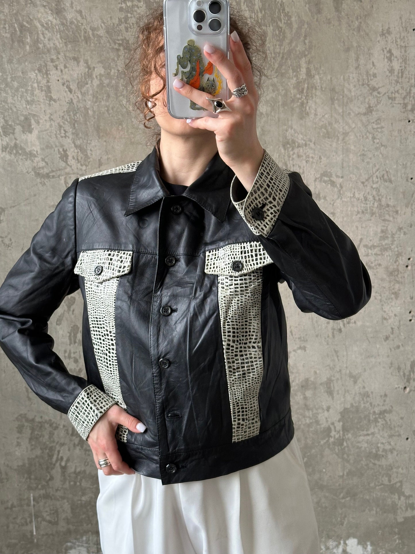 Vintage 90s boxy leather jacket in black and white