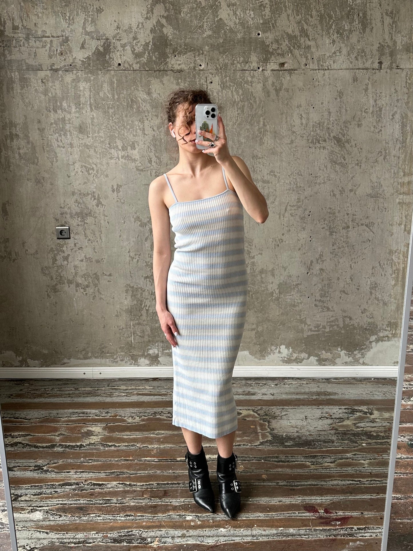 Vintage striped maxi tank dress, bodycon dress in white and blue