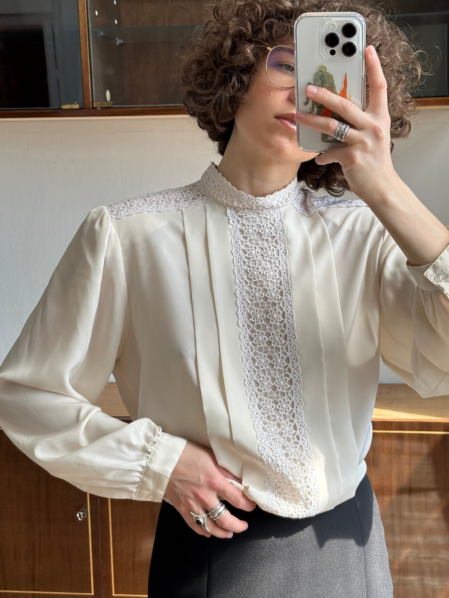 Vintage drape front blouse, chiffon blouse in cream