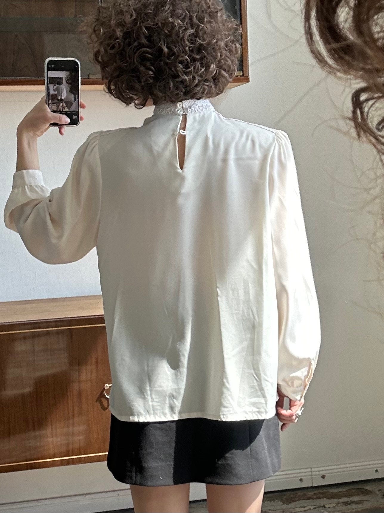 Vintage drape front blouse, chiffon blouse in cream