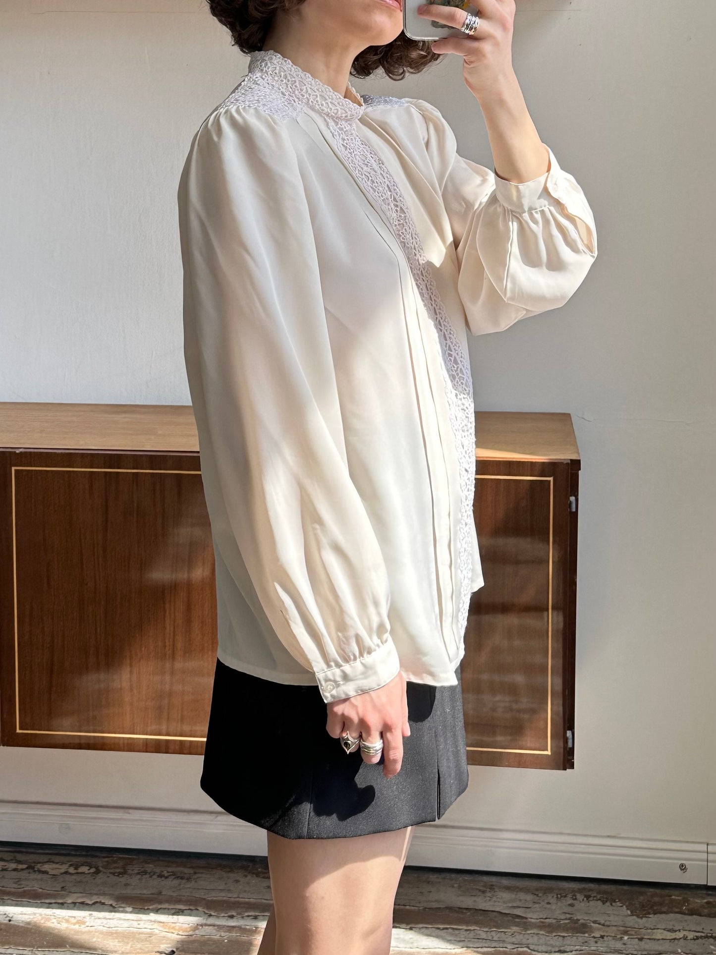 Vintage drape front blouse, chiffon blouse in cream