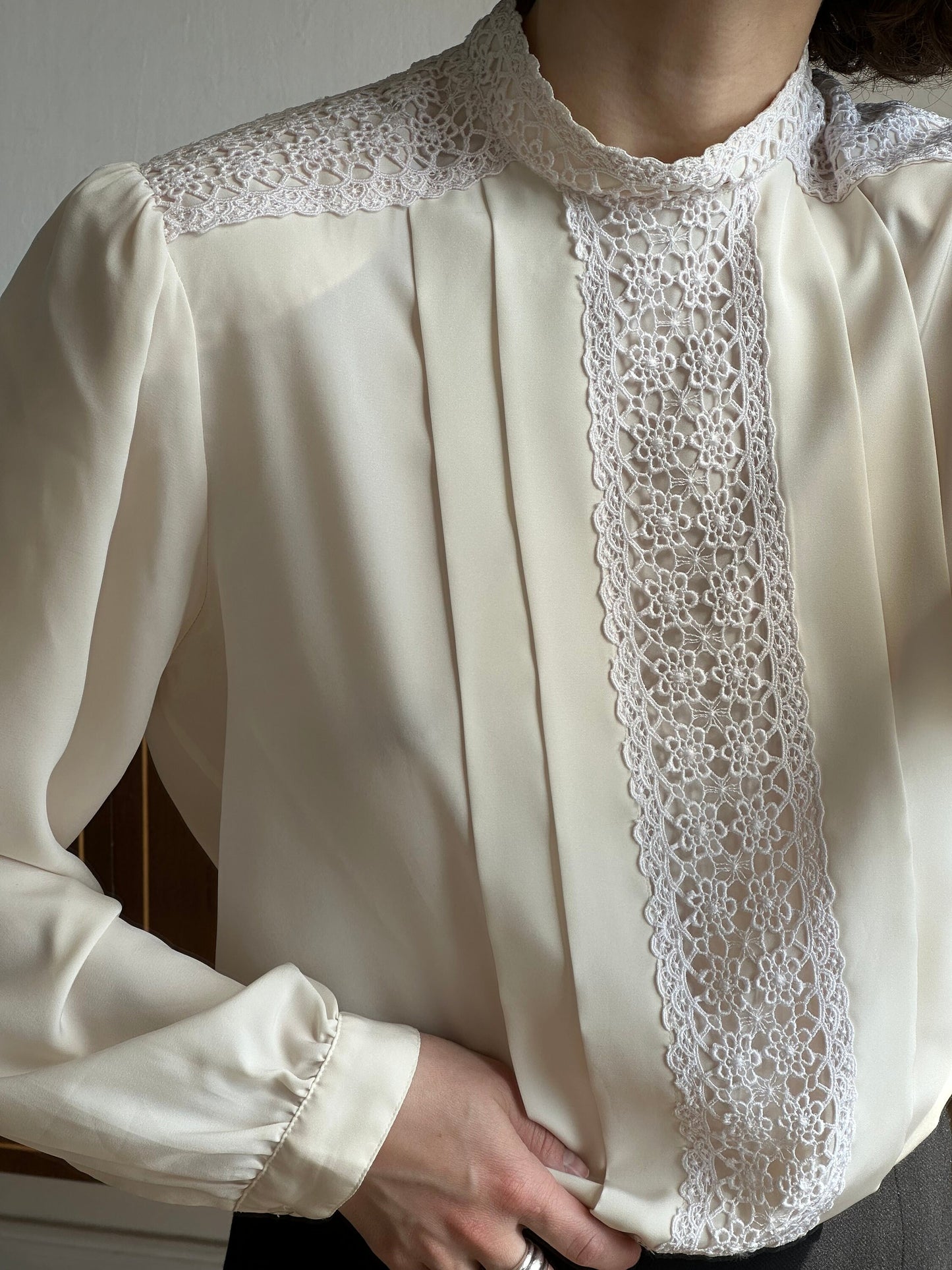 Vintage drape front blouse, chiffon blouse in cream