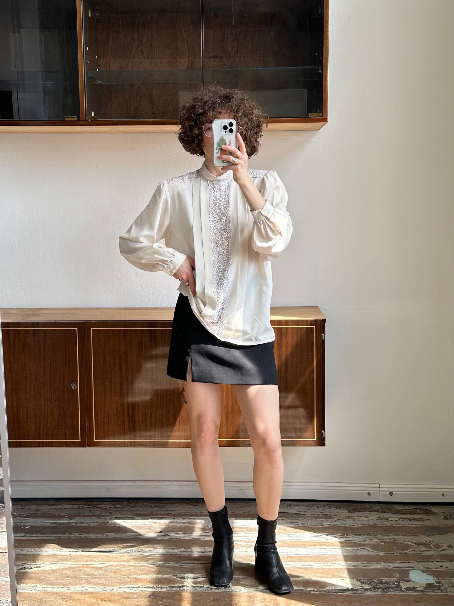 Vintage drape front blouse, chiffon blouse in cream