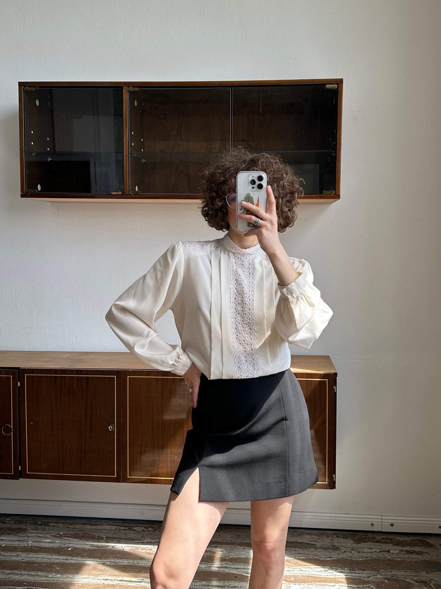 Vintage drape front blouse, chiffon blouse in cream